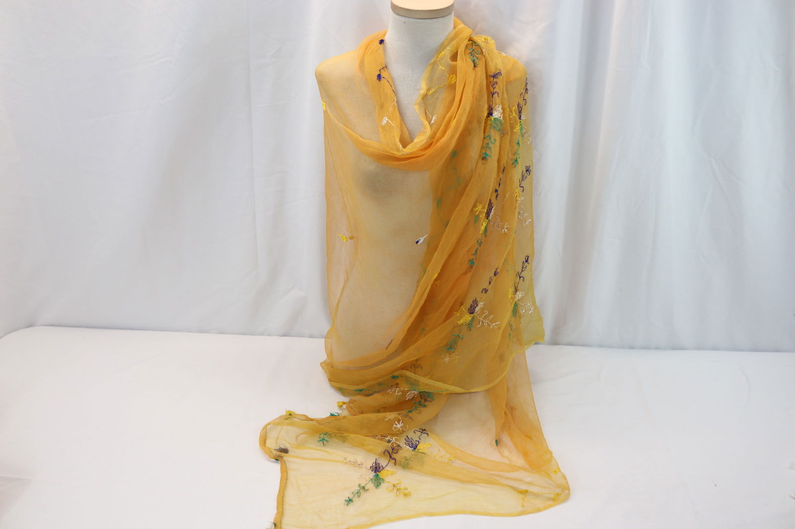 Vintage Sheer Gold Silk Embroidered Shawl (1 of 11)