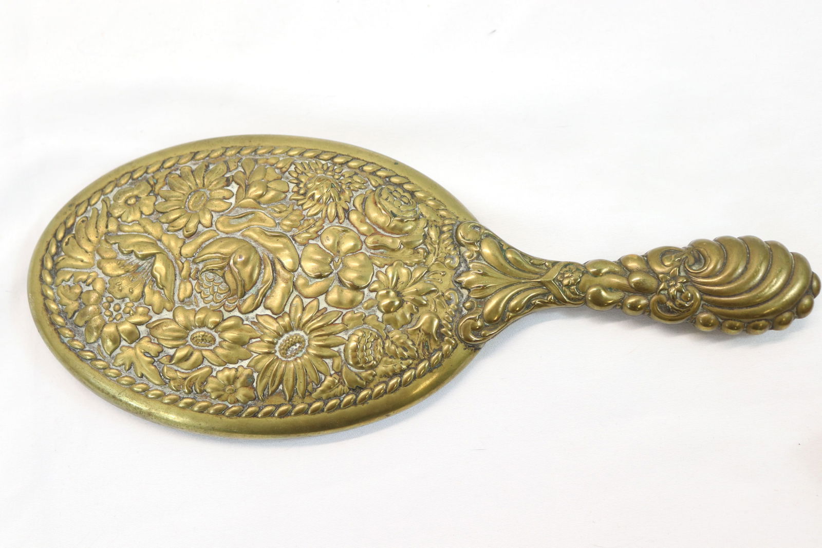 Vintage repousse Hand Vanity Mirror, Floral Gold Tone (1 of 3)
