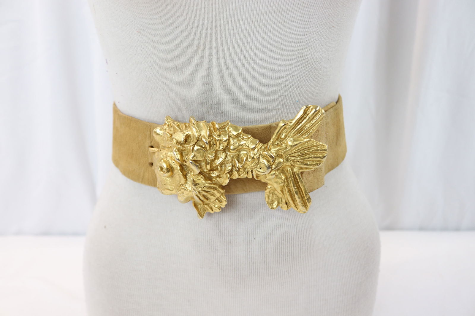 Vintage Kenneth Jay Lane Suede Belt with Large Gold Tone Fish Buckle (1 of 5)