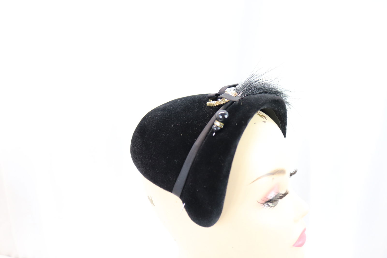 Vintage 1950's Black Velvet Fascinator with Feather, Hat Pin & Rhinestones (1 of 6)