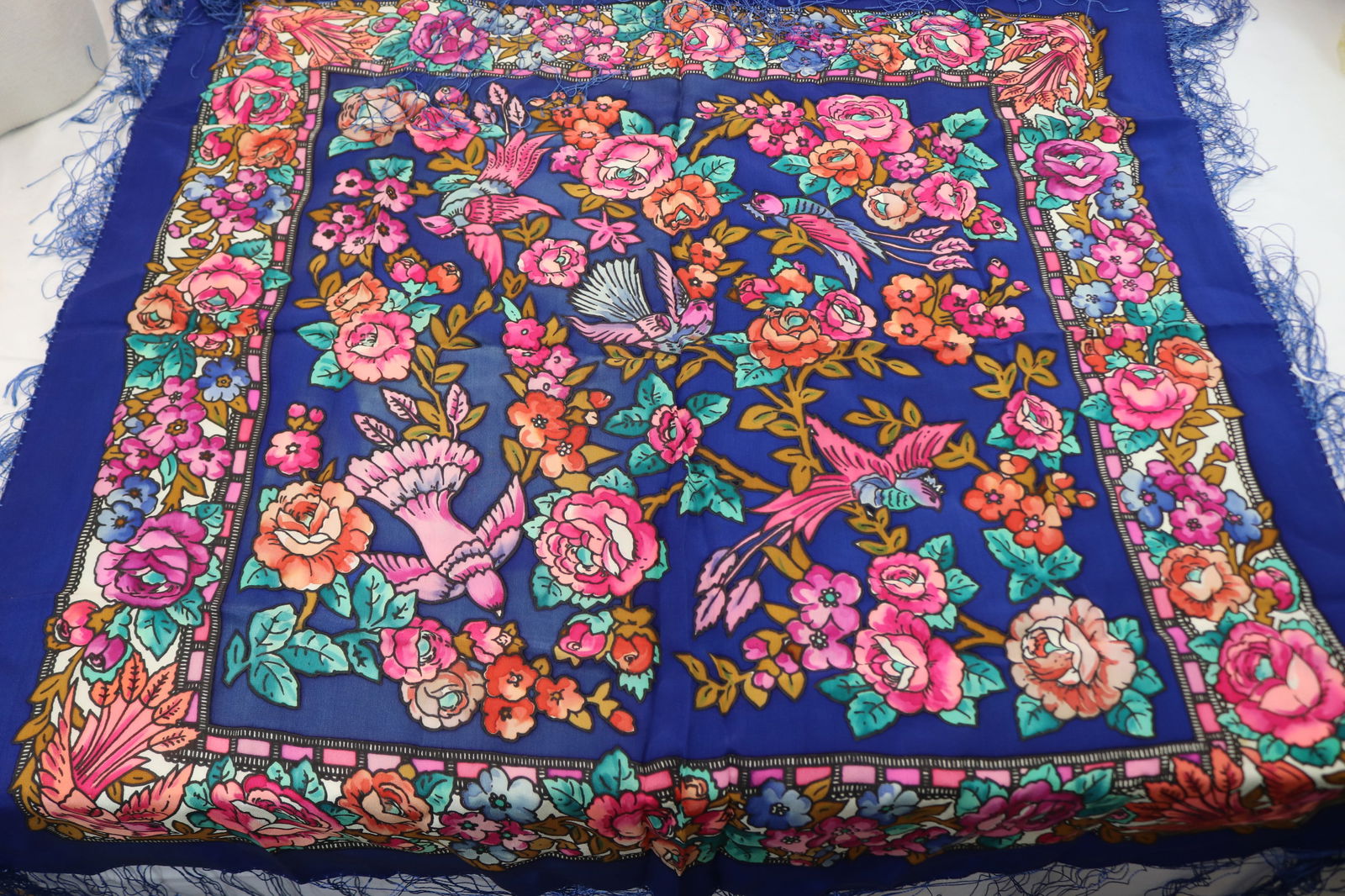 Vintage Blue Floral Silk Scarf with Fringe (1 of 4)