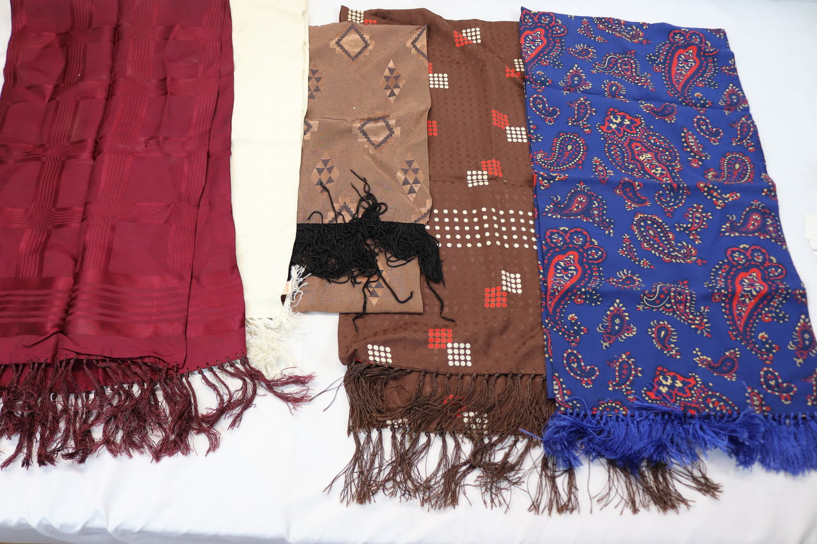 Lot of 5 Vintage Men's Fringe Scarves, Silk, Rayon, & Light Weight Wool (1 of 10)