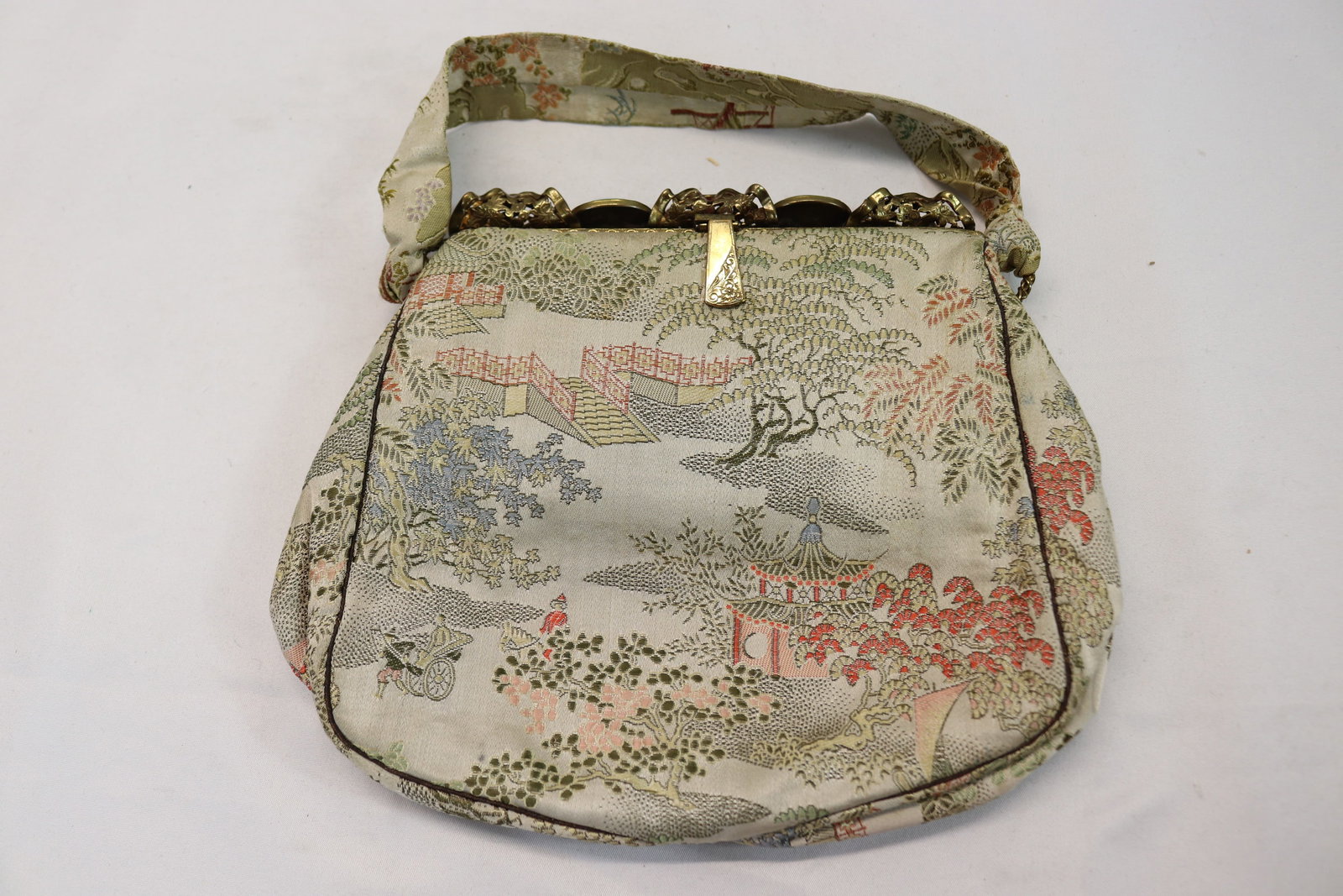 Antique Trinity Asian Brocade Silk Purse with Large Blue Stones & Fancy Fret Work Frame/Clasp (1 of 6)