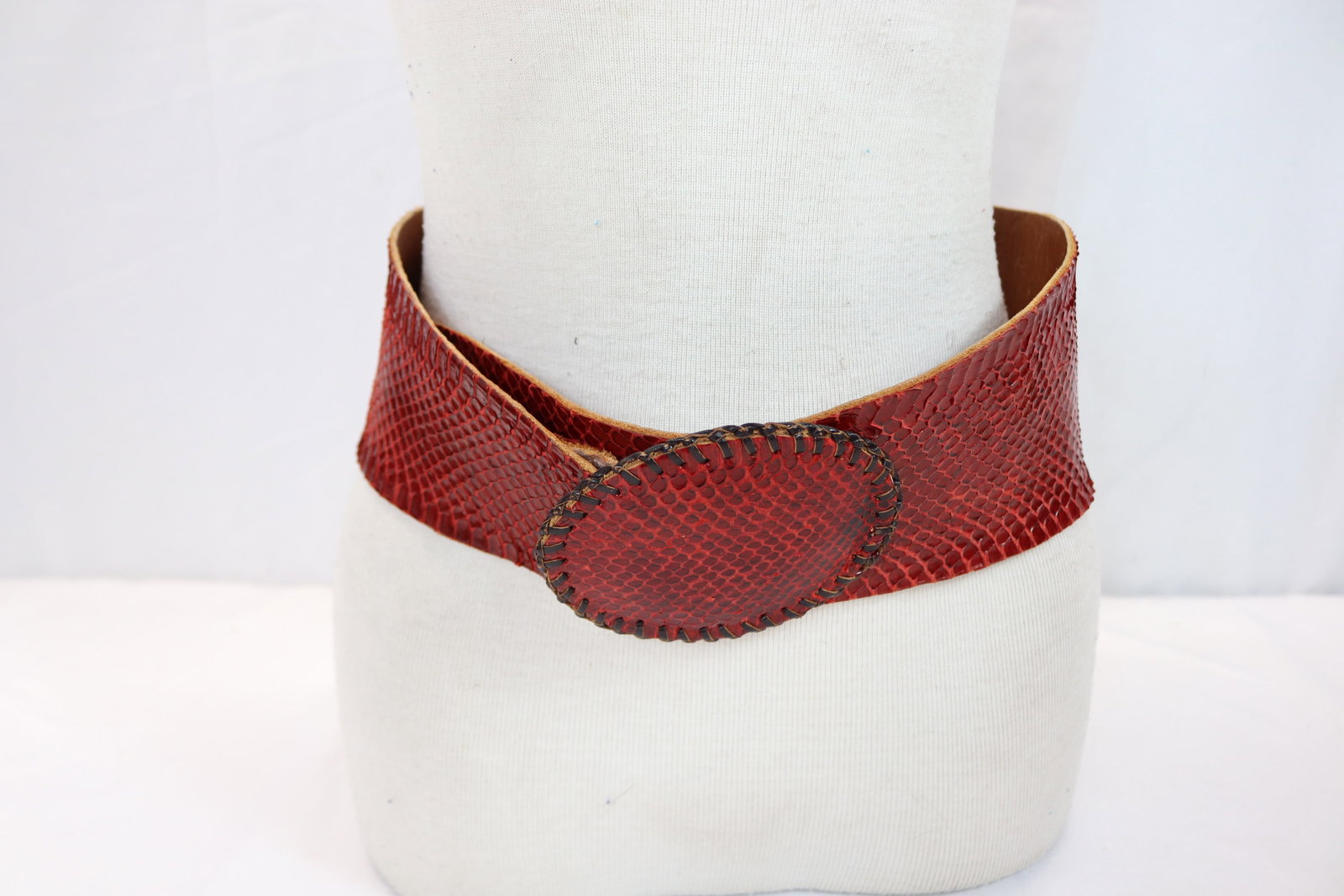 Vintage Red Snake Skin & Ostrich Belt: approx. 27-29 inches, 3 1/4 inches wide, see photo's