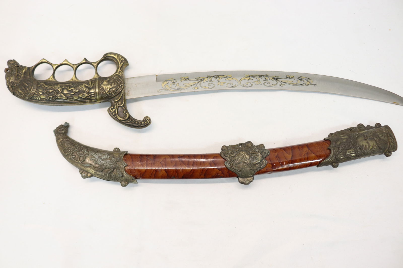 Vintage Sword with Engraved Blade Metal Sheath with Metal Relief Animals & Knight (1 of 9)