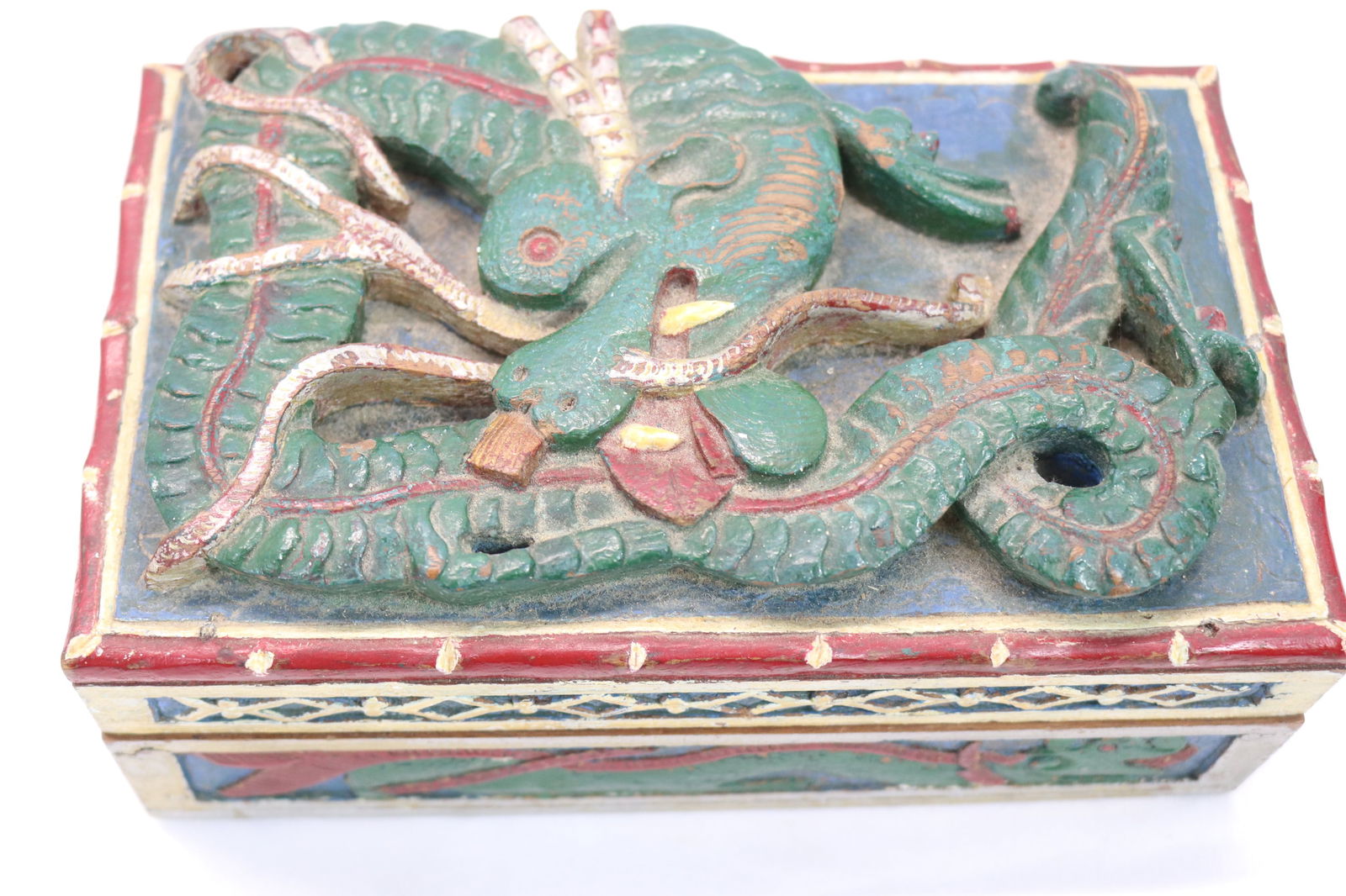 Antique Folk Art Hand Carved & Painted Wood Box with Dragon Top, Sides, and Inside (1 of 6)