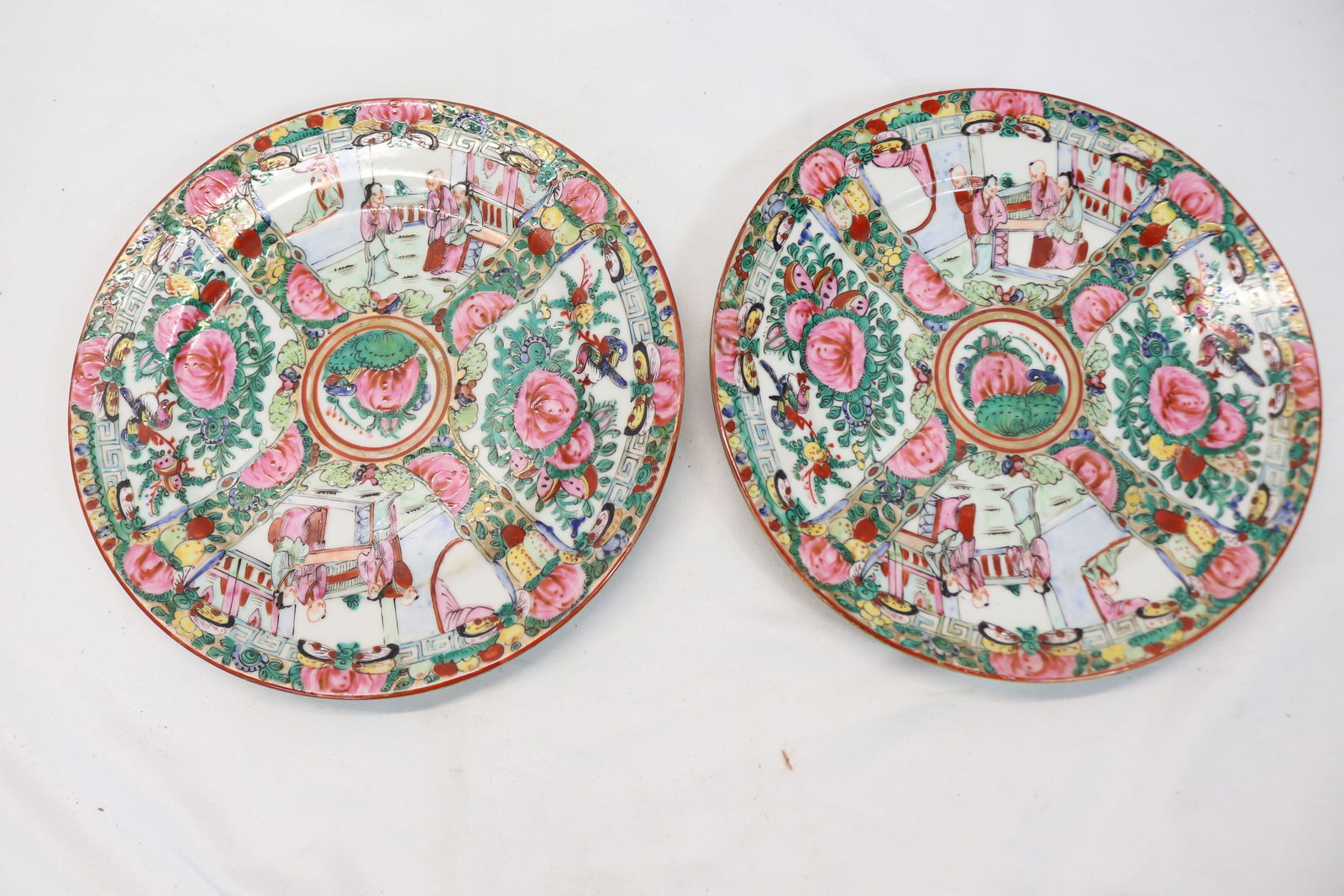 Pair of Antique Rose Medallion Plates, Hand Painted Porcelain, Signed (1 of 5)