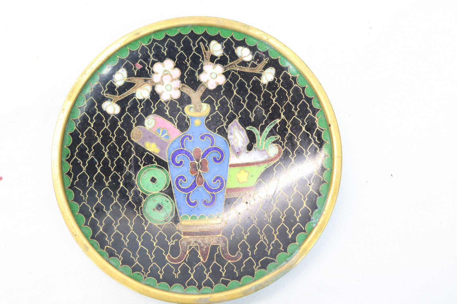 Antique Small Cloisonne Plate with Flower Vase (1 of 3)