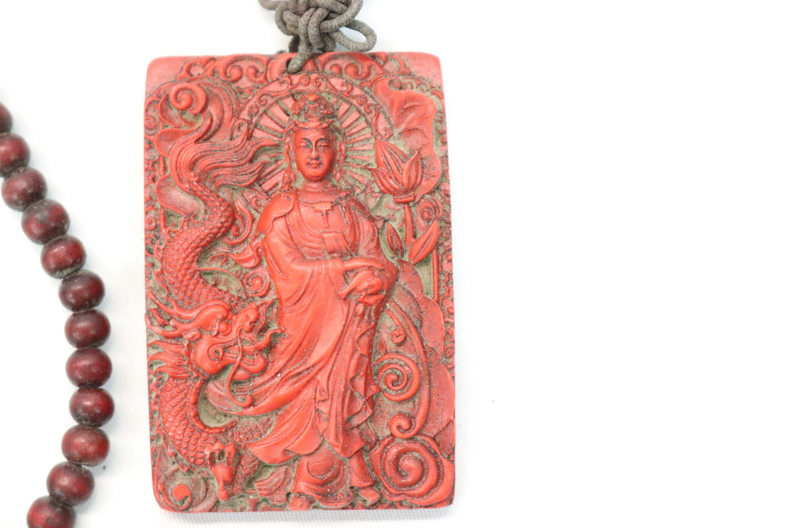 Carved Cinnabar Chinese Goddess Pendant & Beaded Cinnabar Necklace (1 of 4)