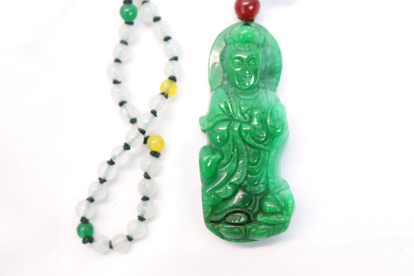 Carved Green Jade Goddess Pendant with White Green & Yellow Jade Beaded Necklace (1 of 3)