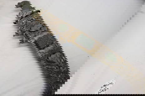 Antique Chinese Sword with Jade Handle Etched & Carved Silver Sheath with Jade Decoration: approx. 31 1/2 long, sword blade is rusted, see photo's