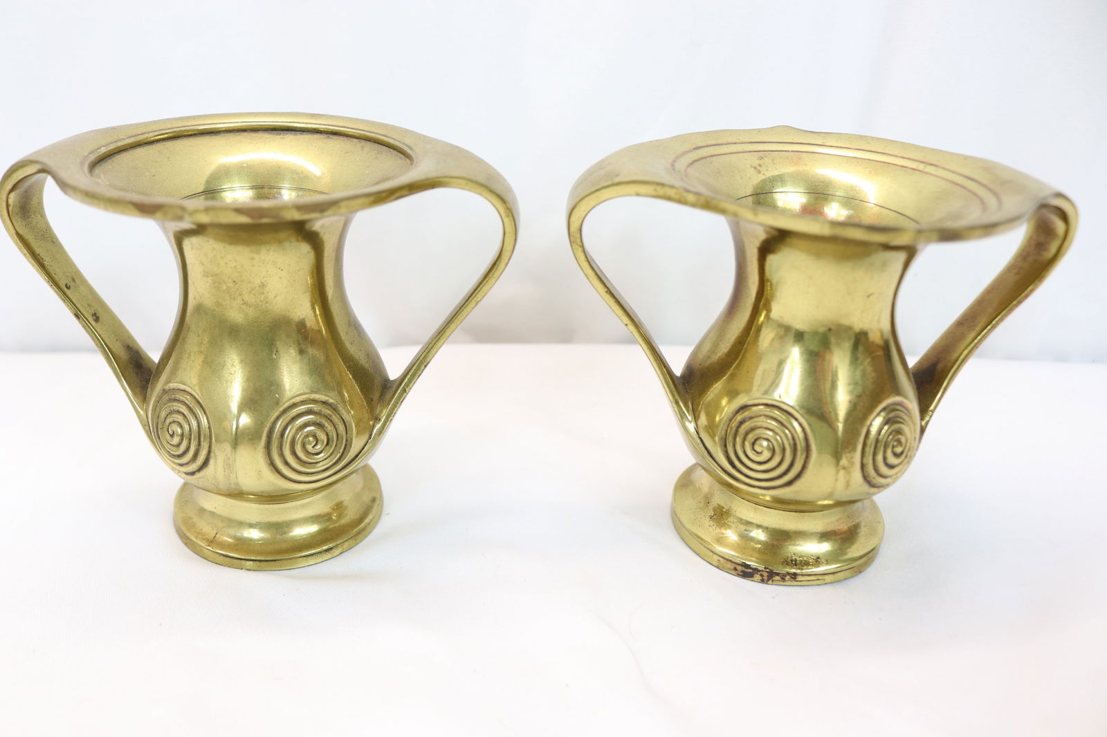 Pair of Brass Double Handle Vase with Carved Circle Detail, Signed (1 of 5)