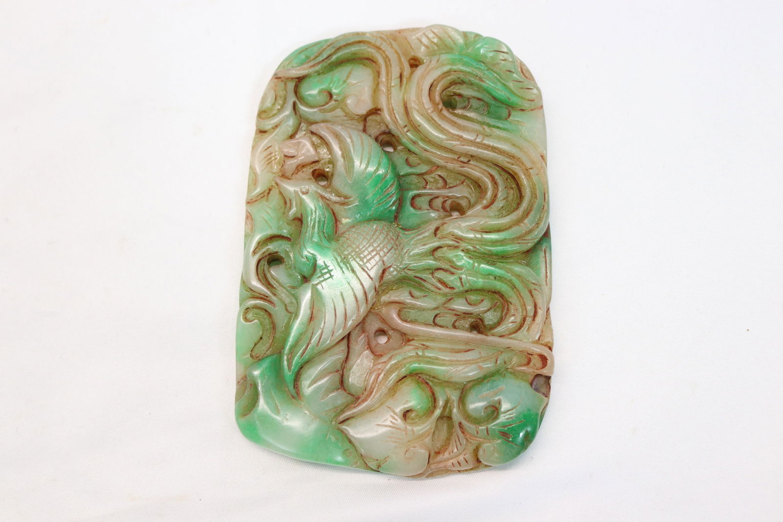 Large Chinese Hand Carved Green & White Jade Plaque with Bird (1 of 4)