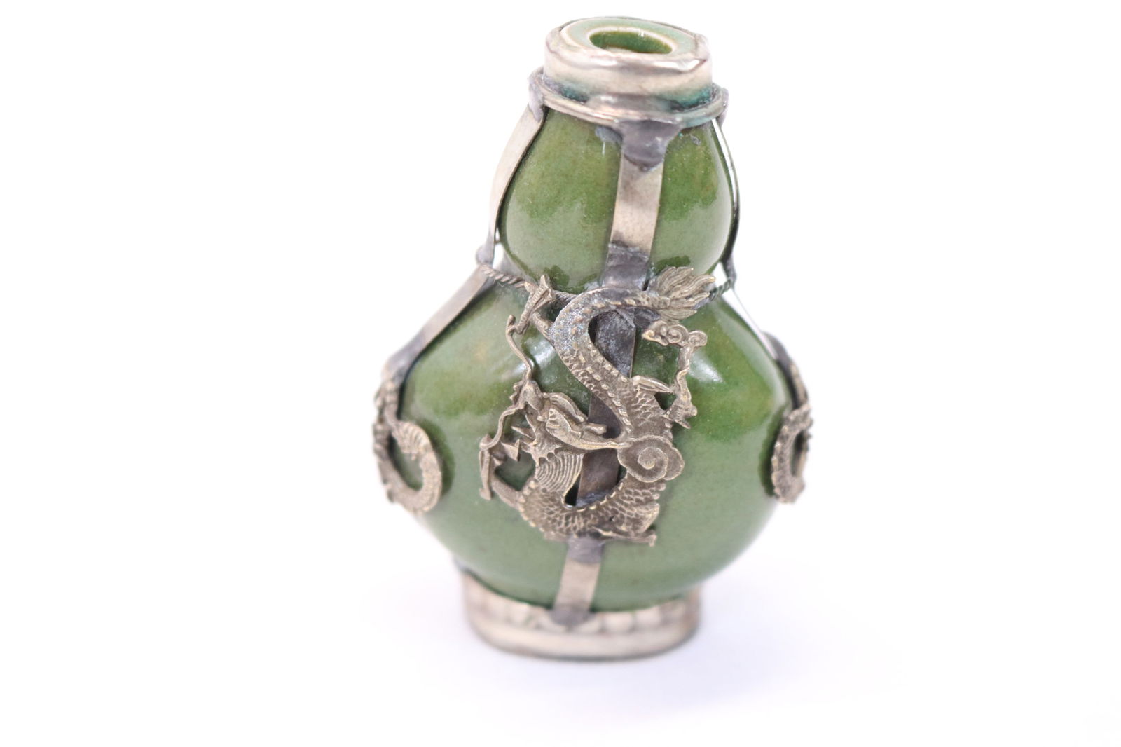 Vintage Signed Porcelain Snuff Bottle with Silver Frame of Dragons (1 of 4)