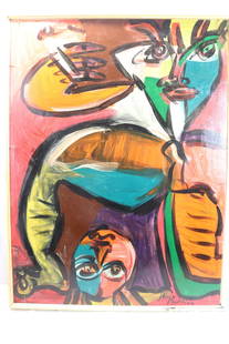 Vintage Peter Keil (German B. 1942) Abstract of Two People On Masonite Board: approx. 31 x 41, see photo's