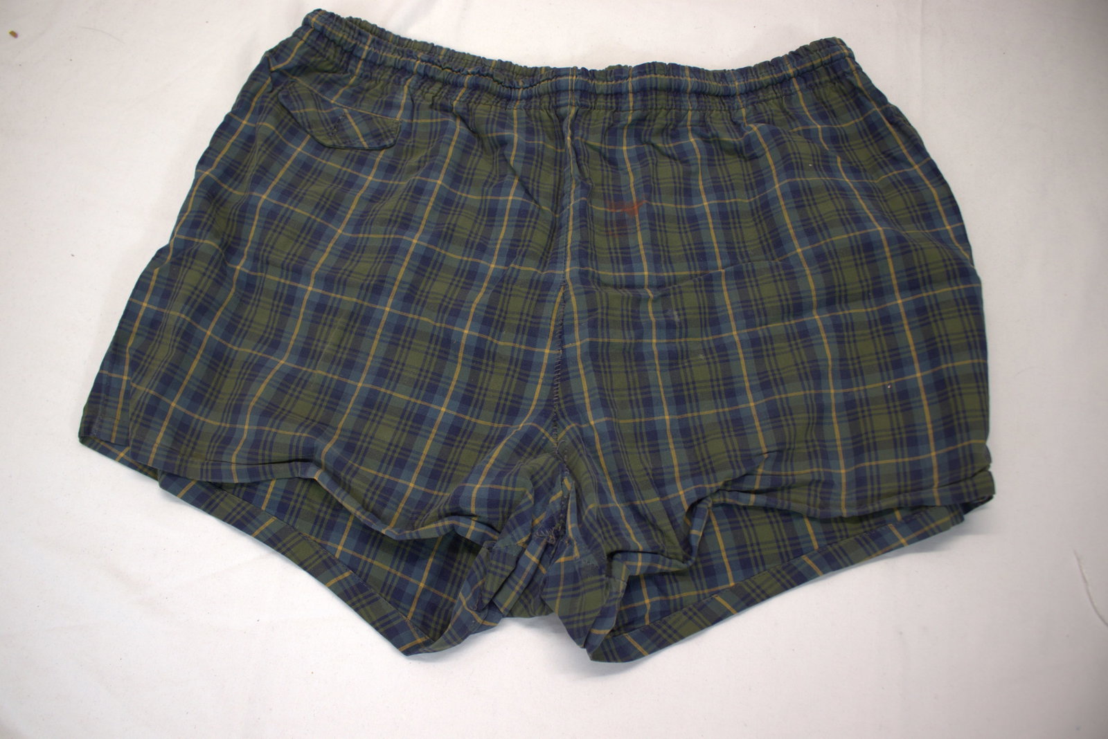 Vintage 1950/60's Men's Blue & Green Plaid Swim Trunks: size 36, needs cleaning, and seam repair between legs, see photo's