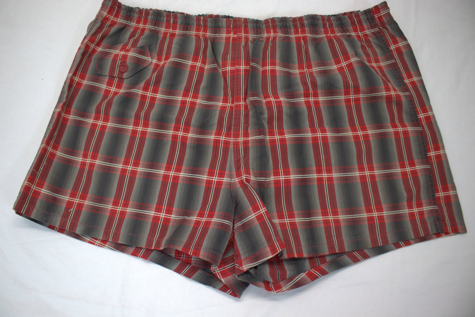 Vintage 1950's Penny's Red & Gray Plaid Swim Trunks: size 36/38, some damage to lining, see photo's