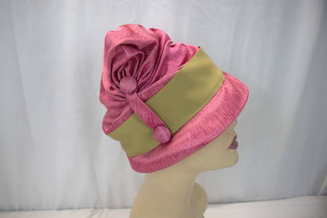 Vintage 1950's Lilly Dache' Pink Cloche with Green Ribbon: ribbon a little dirty, see photo's