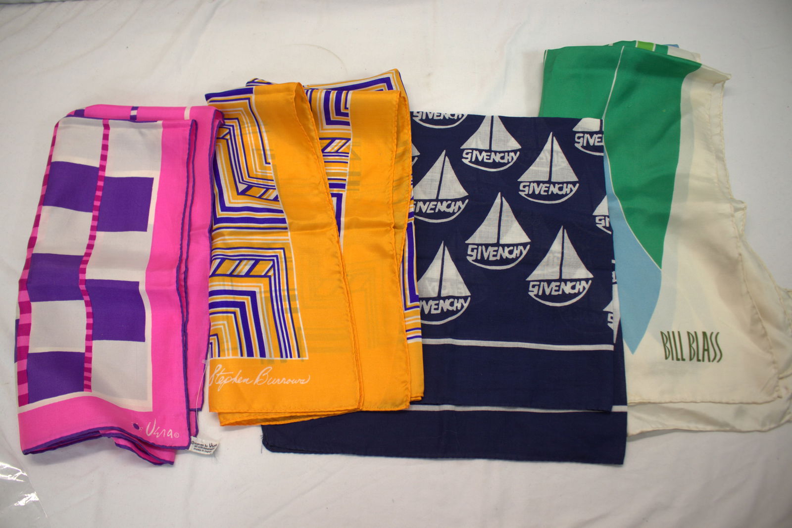 Lot of 4 Designer Scarves, Vera, Bill Blass, Stephen Burrows, Givenchy: see photo's