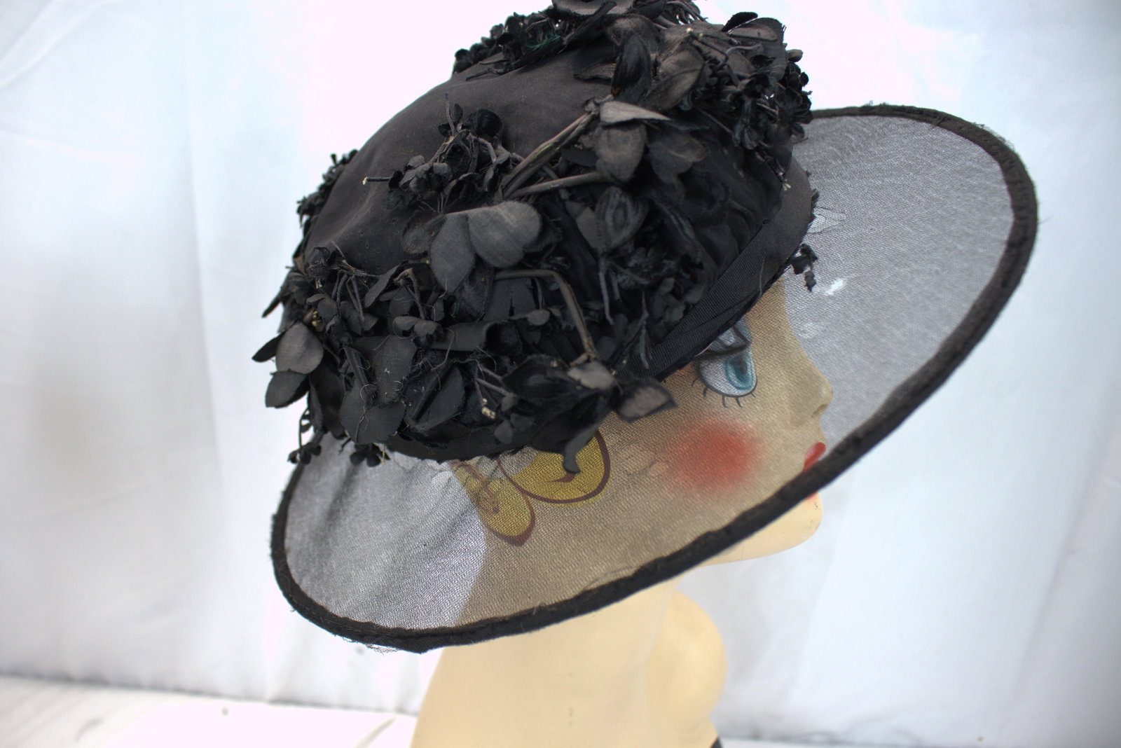 Antique 1910's Crocker Black Sheer Wide Brim Hat with Silk Flowers on Wide Crown: some damage to silk sheer brim, see photo's