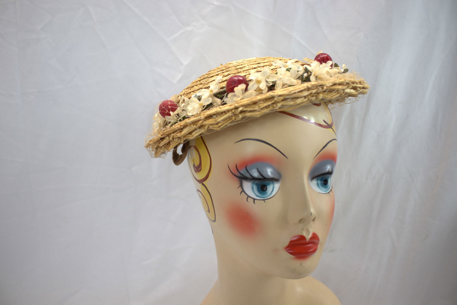 Vintage 1940's Straw Hat with Flowers & Cherries (1 of 5)