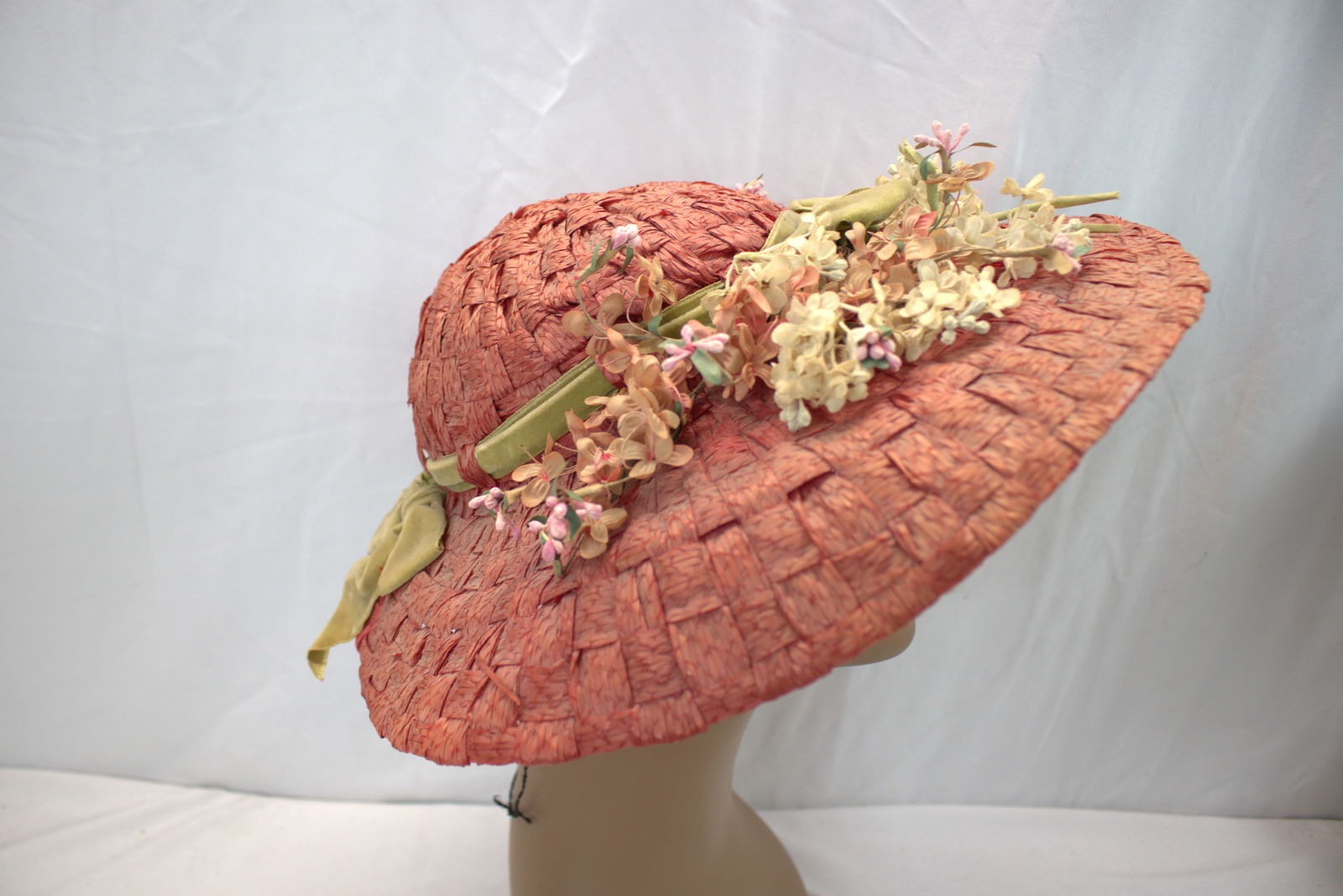 Vintage Original Vogue Hat, Sara R Haas Red Straw Beach Hat with Silk Flowers (1 of 6)