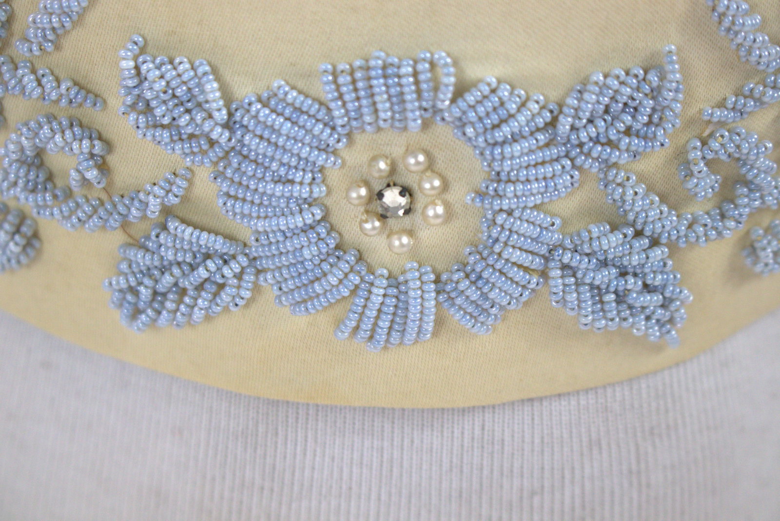 Vintage Silk Blue Beaded Belt: approx. 28 to 31 inches, a bit stiff, should take backing off, see photo's