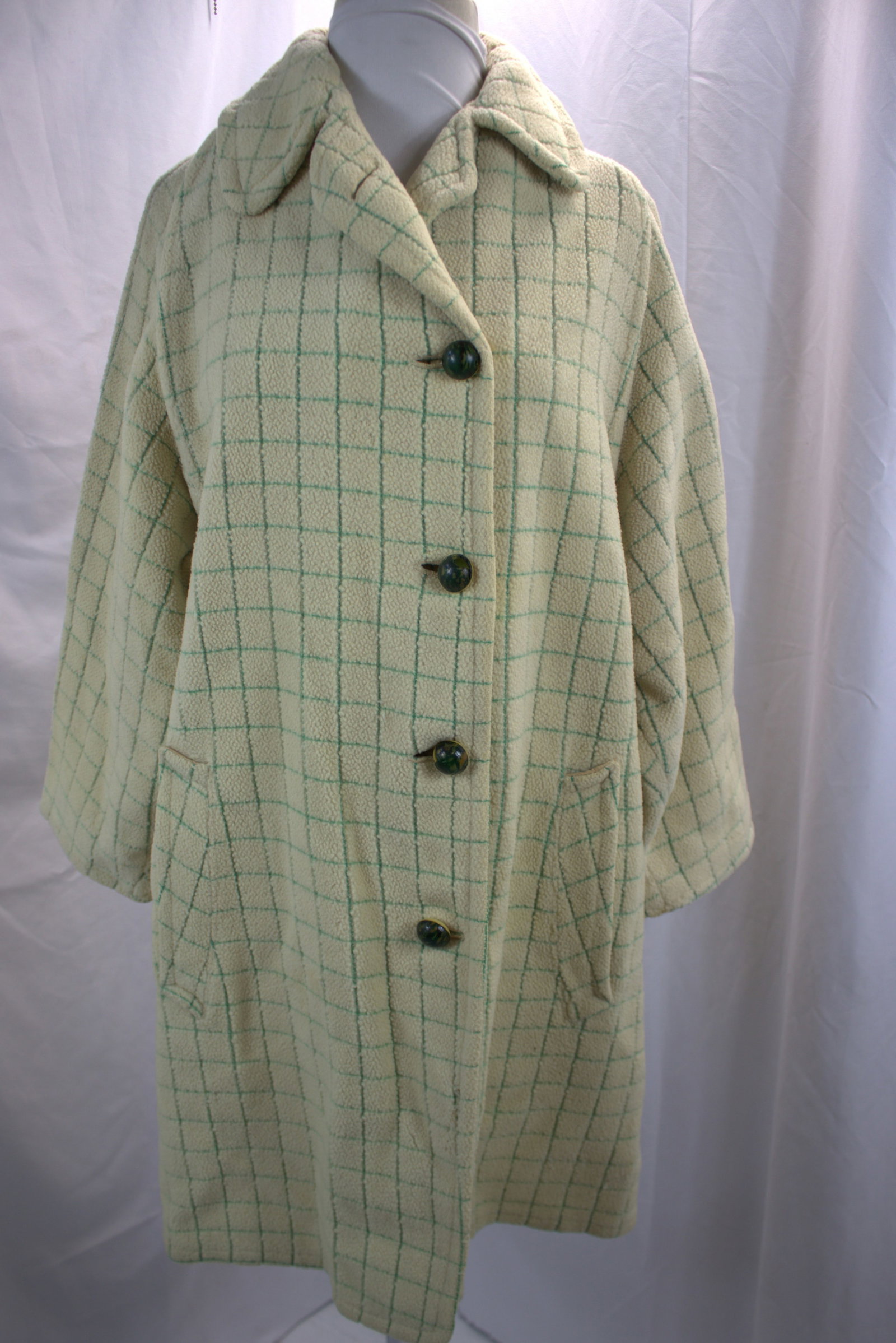 Vintage 1940's Textured Pale Yellow & Green Block Wool Coat with Celluloid Buttons (1 of 8)