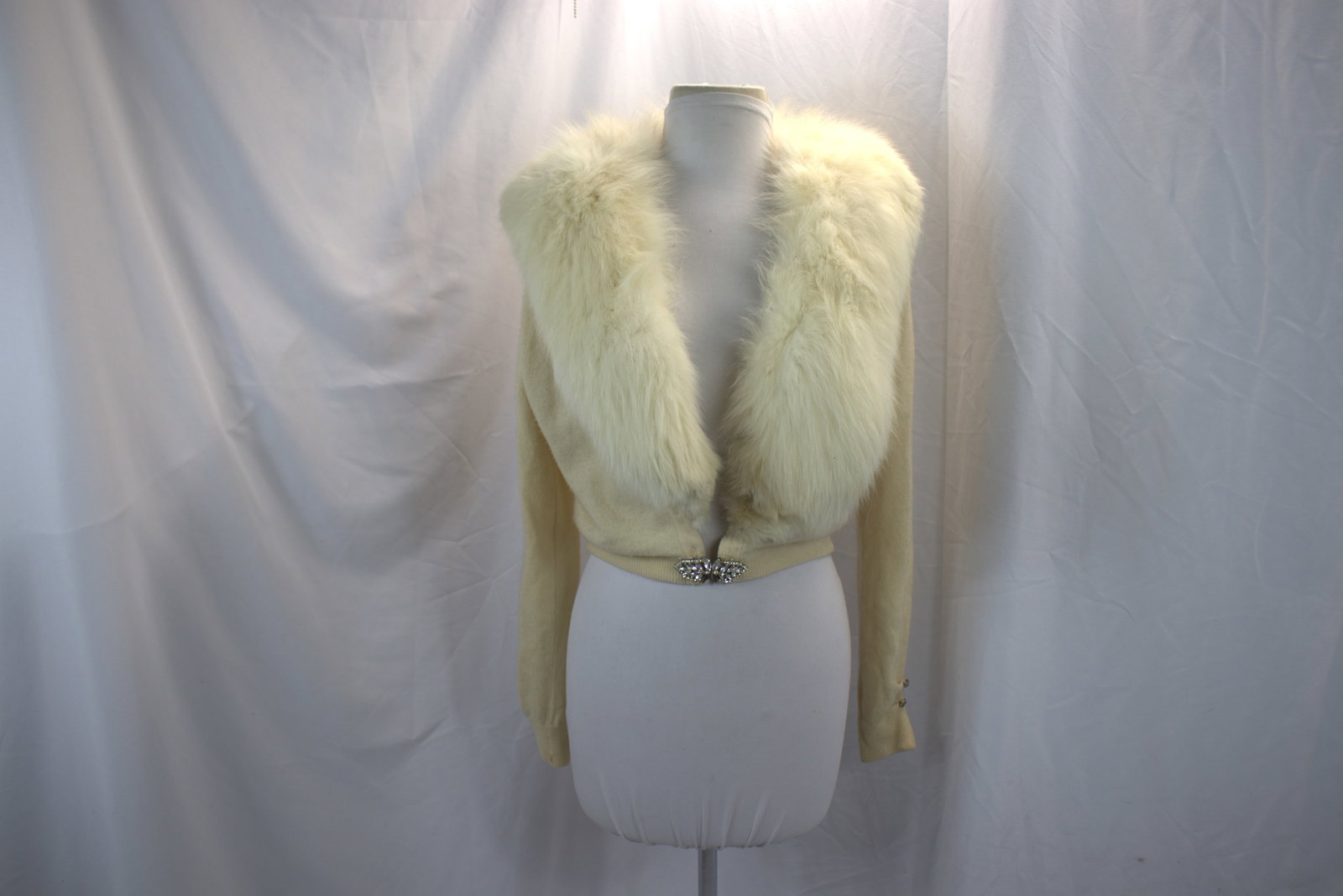 Vintage 1950's Hadley Cashmere Cardigan Sweater with Fox Fur Collar: approx. 42 bust, missing 2 rhinestones on clasp and rhinestones on cuffs, see photo's