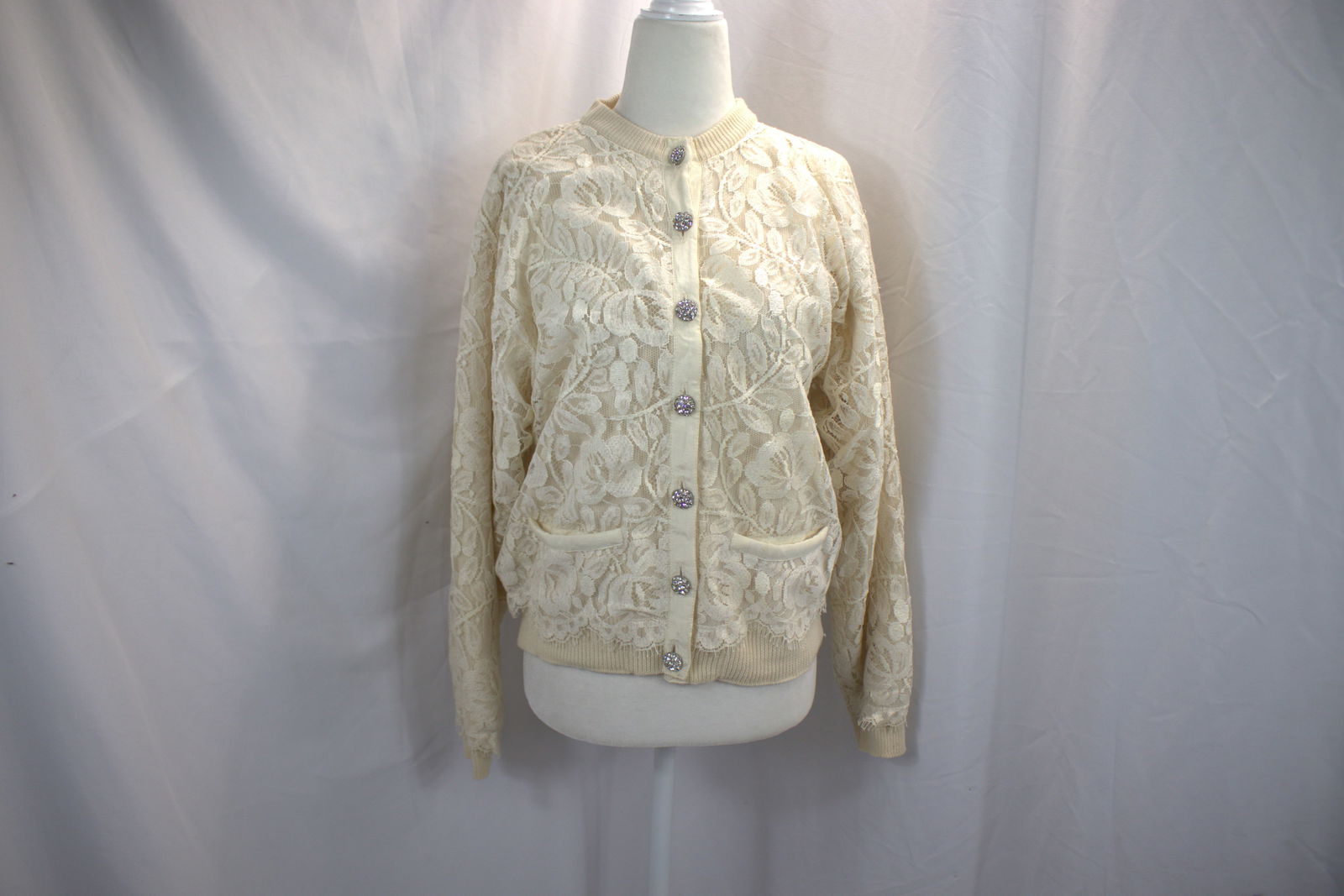 Vintage 1980's Via Condotti Beige Lace Cardigan Sweater with Rhinestone Buttons: approx. 40 bust, 36 waist, good condition, see photo's