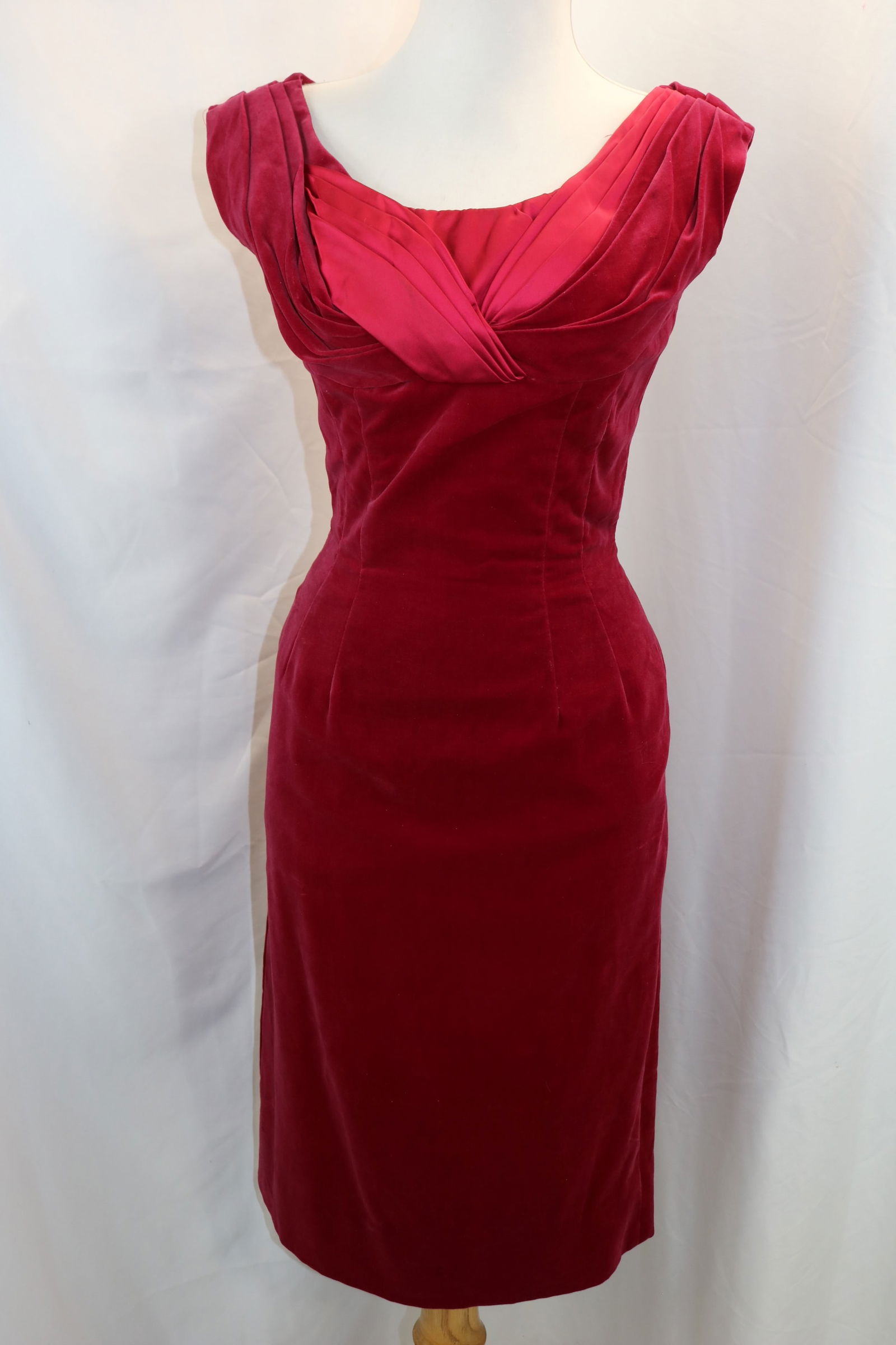 Vintage 1950's Adele Martin Original 1950's Red Velvet Sheath Dress with Satin (1 of 8)