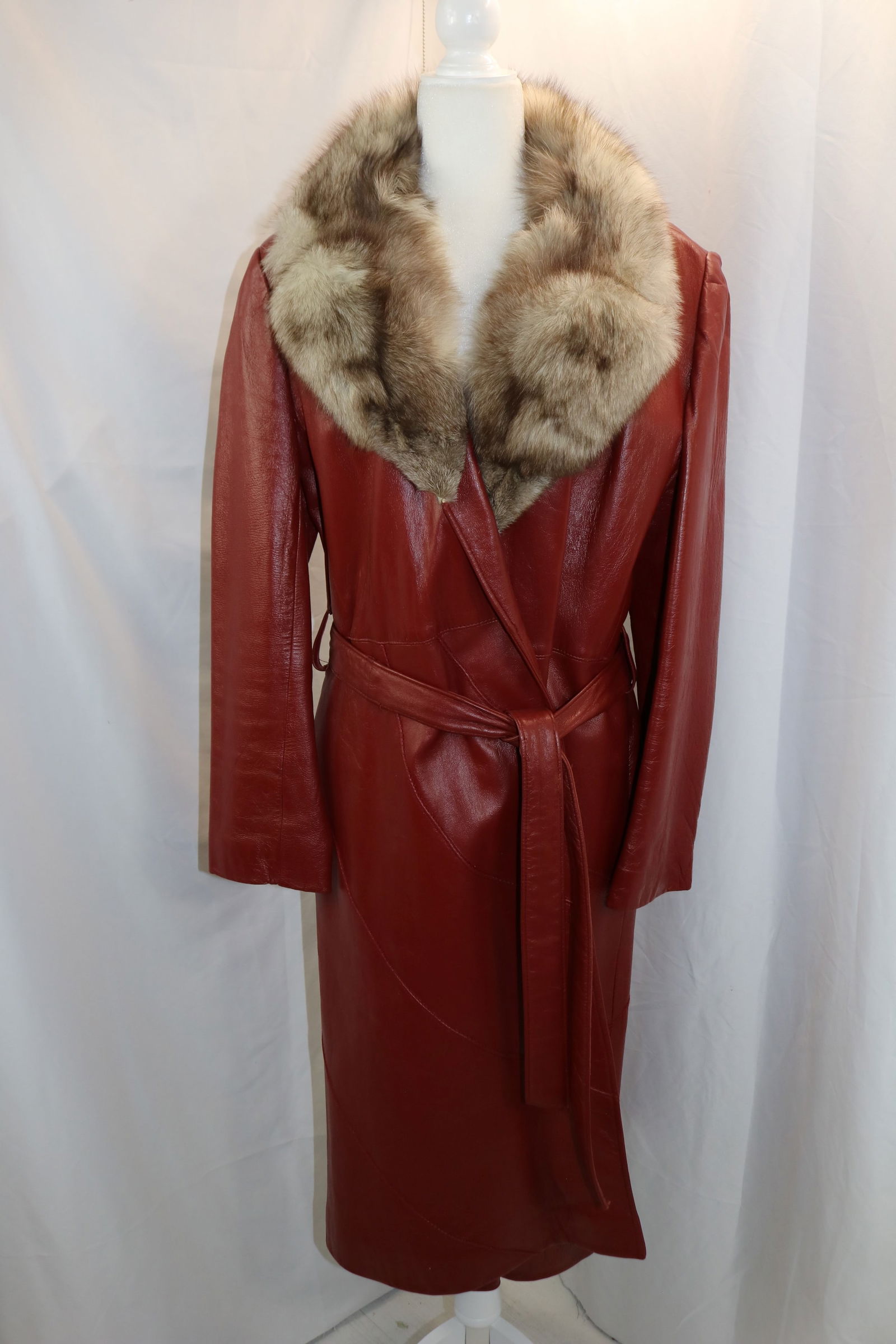Vintage 1970's Fashion Spear Brown Leather Full Length Coat with Fox Fur Collar (1 of 11)