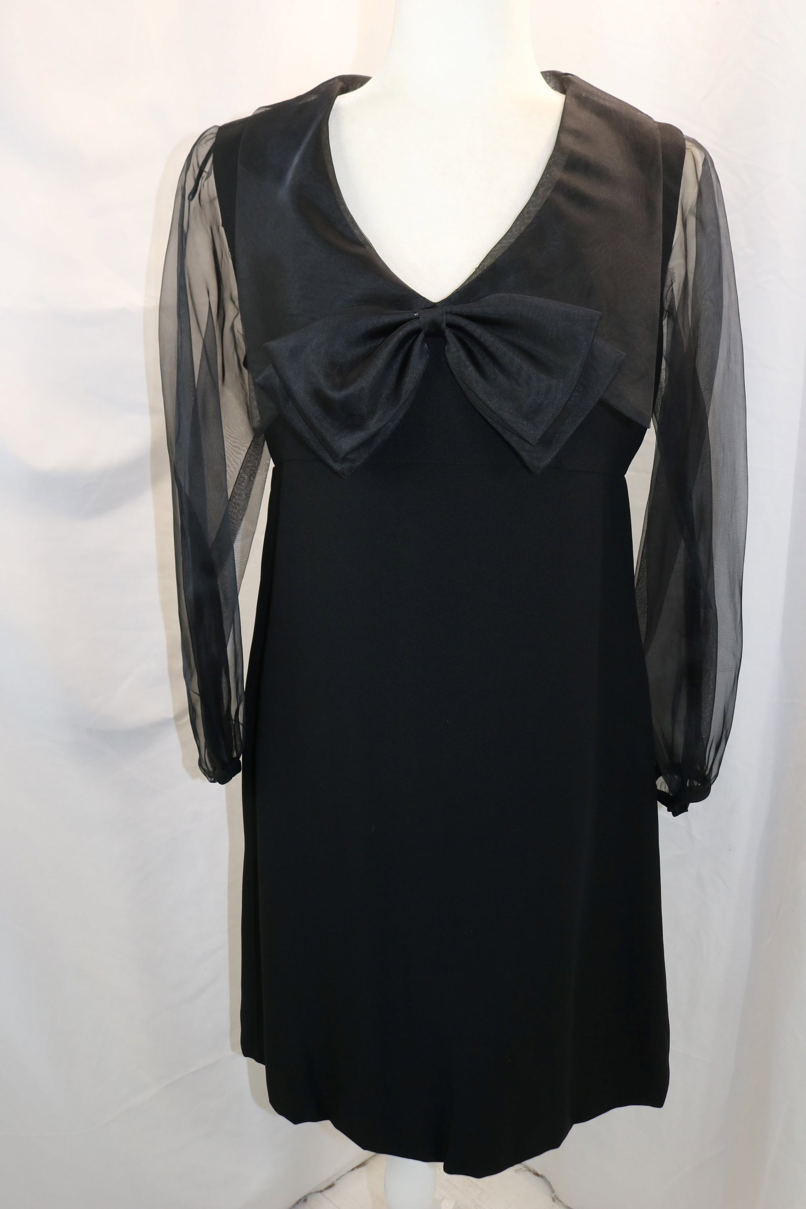 Vintage 1960's Black Rayon High Waist Dress With Sheer Sleeve & Collar with Large Bow: 36 bust, 32 waist, good condition, see photo's