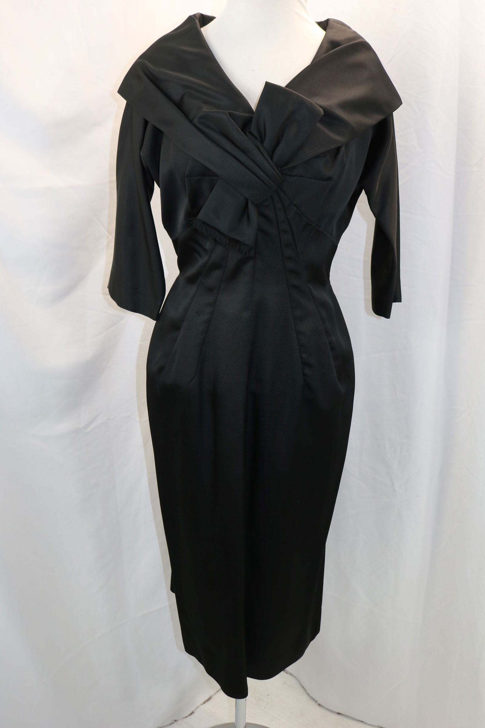 Vintage 1950's Black Rayon Cocktail Dress with Shawl Collar & Large Bow (1 of 6)