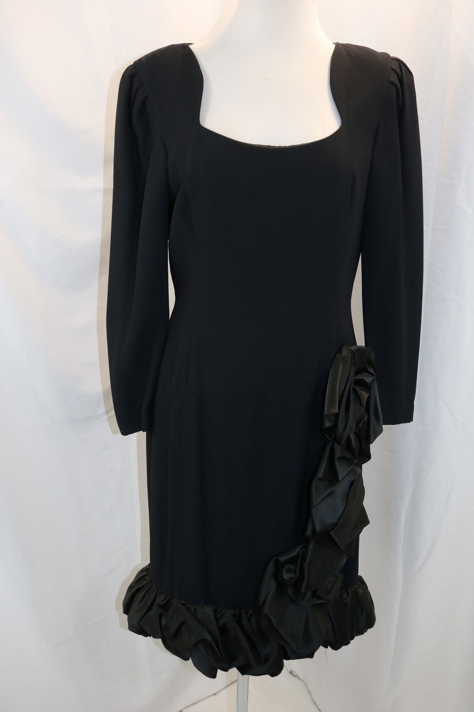Vintage 1980's Morton Myles Black Cocktail Dress with Satin Ruffled Detail: approx. 36 bust, 32 waist, light shoulder discoloration and underarm, see photo's