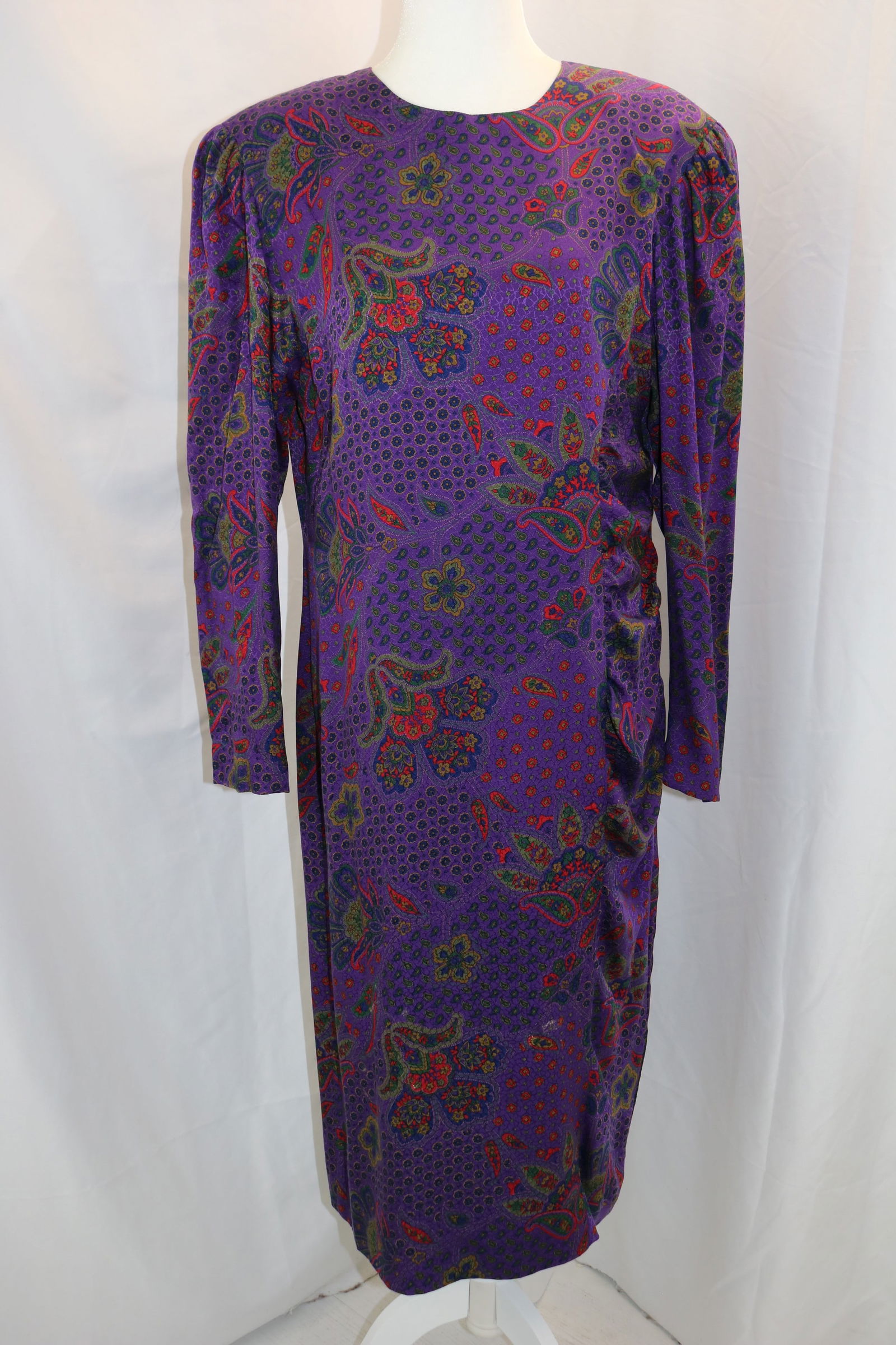 Vintage 1980's Hanae Mori Purple Paisley Silk Dress with Rouched Side (1 of 7)
