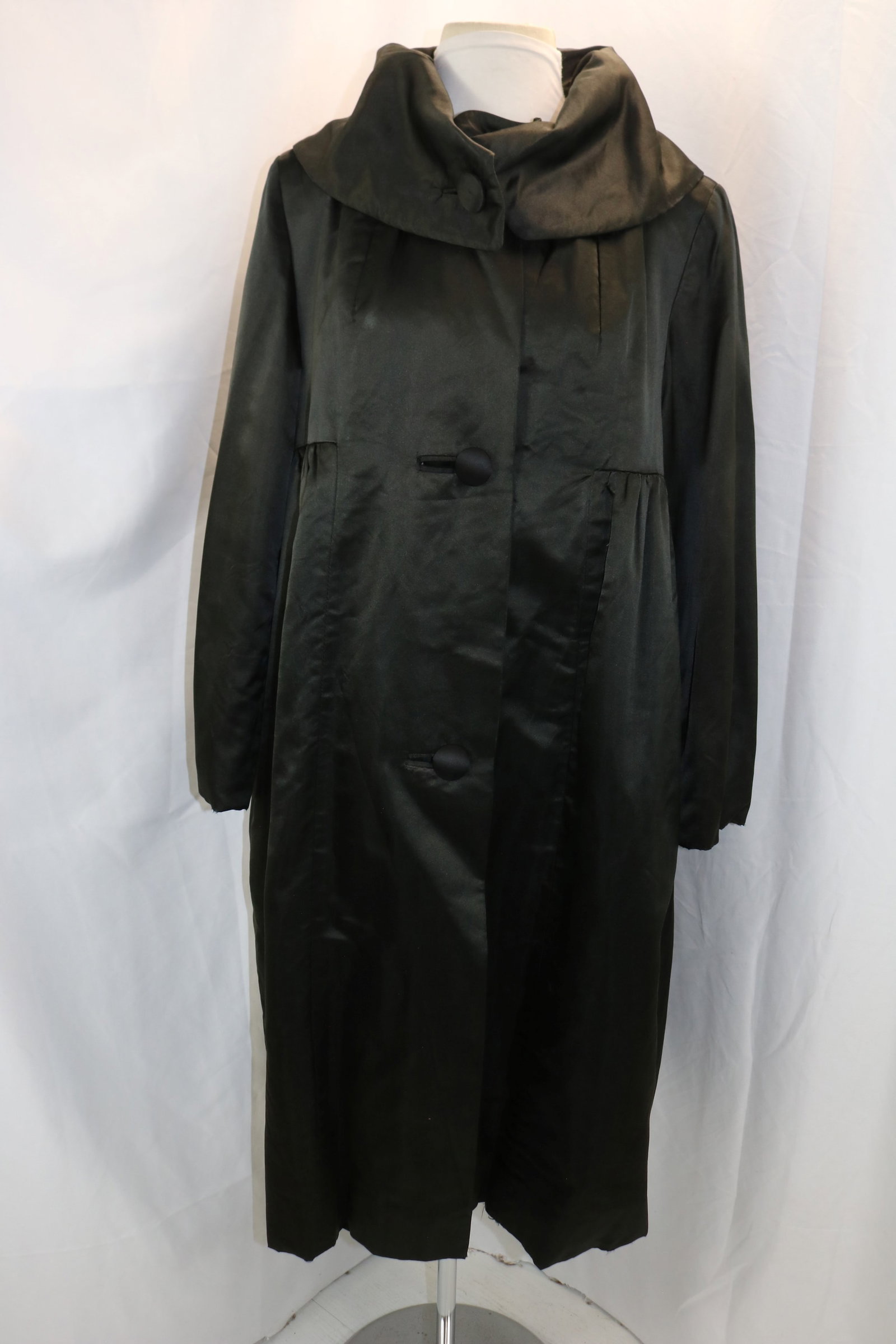 Vintage 1950's Black Silk Opera Style Coat: approx. 44 bust, button in pocket, a few small holes, see photo's