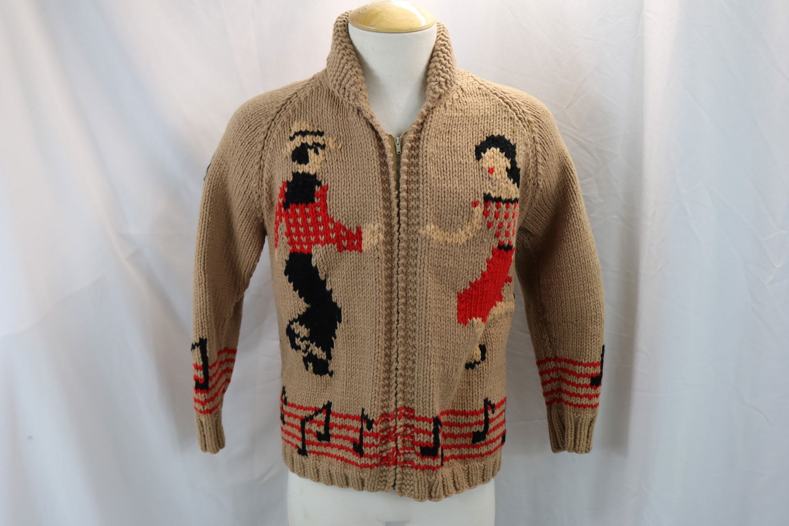 Vintage 1950's Unisex Hand Knit Square Dance Zipper Cardigan Sweater: approx. 42 chest, 40 waist, will stretch larger, good condition, see photo's