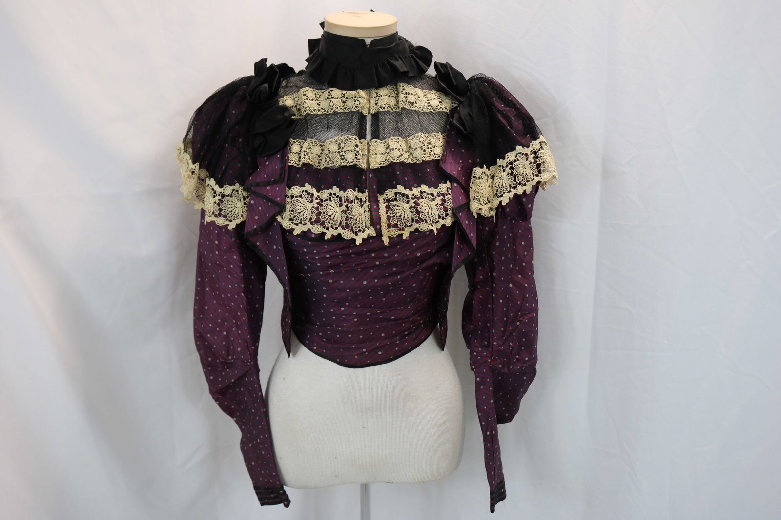Victorian Nicholls New York Purple & Blue Stripe & Dot Bodice with Lace: approx. 32 bust, 20 waist, small damage to netting at neckline, see photo's
