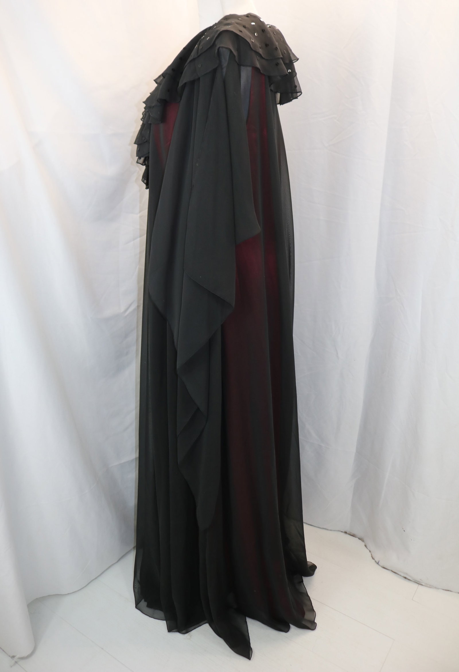 Vintage Grace Costumes New York, Black Sheer Butterfly Sleeve Dress with Sequin Over Red Full Length: approx. 42 bust, 34 waist, good condition, see photo's