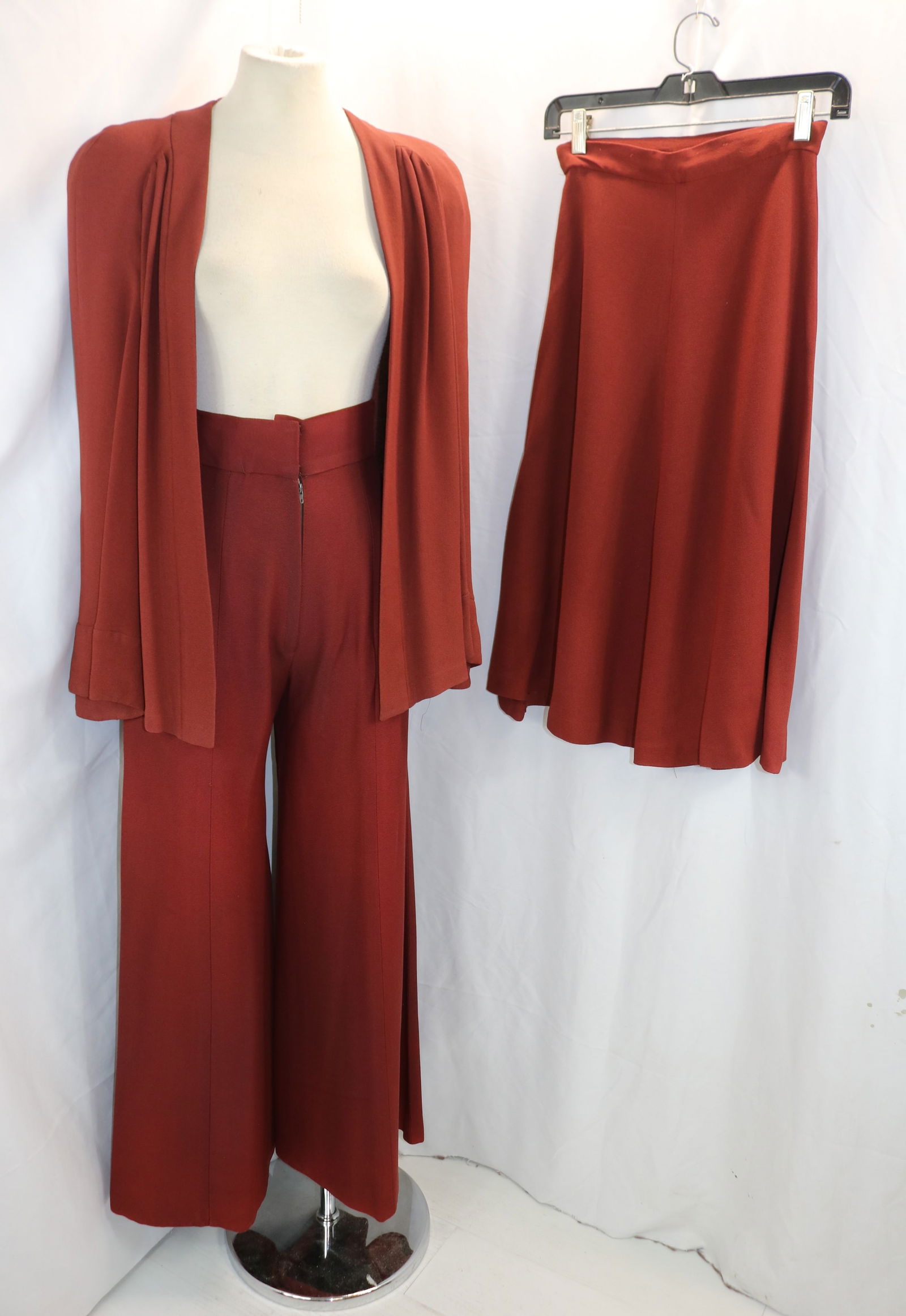 Vintage 1970's BIBA 3 Piece Rust Color Rayon Pant, Skirt & Jacket Set (1 of 14)