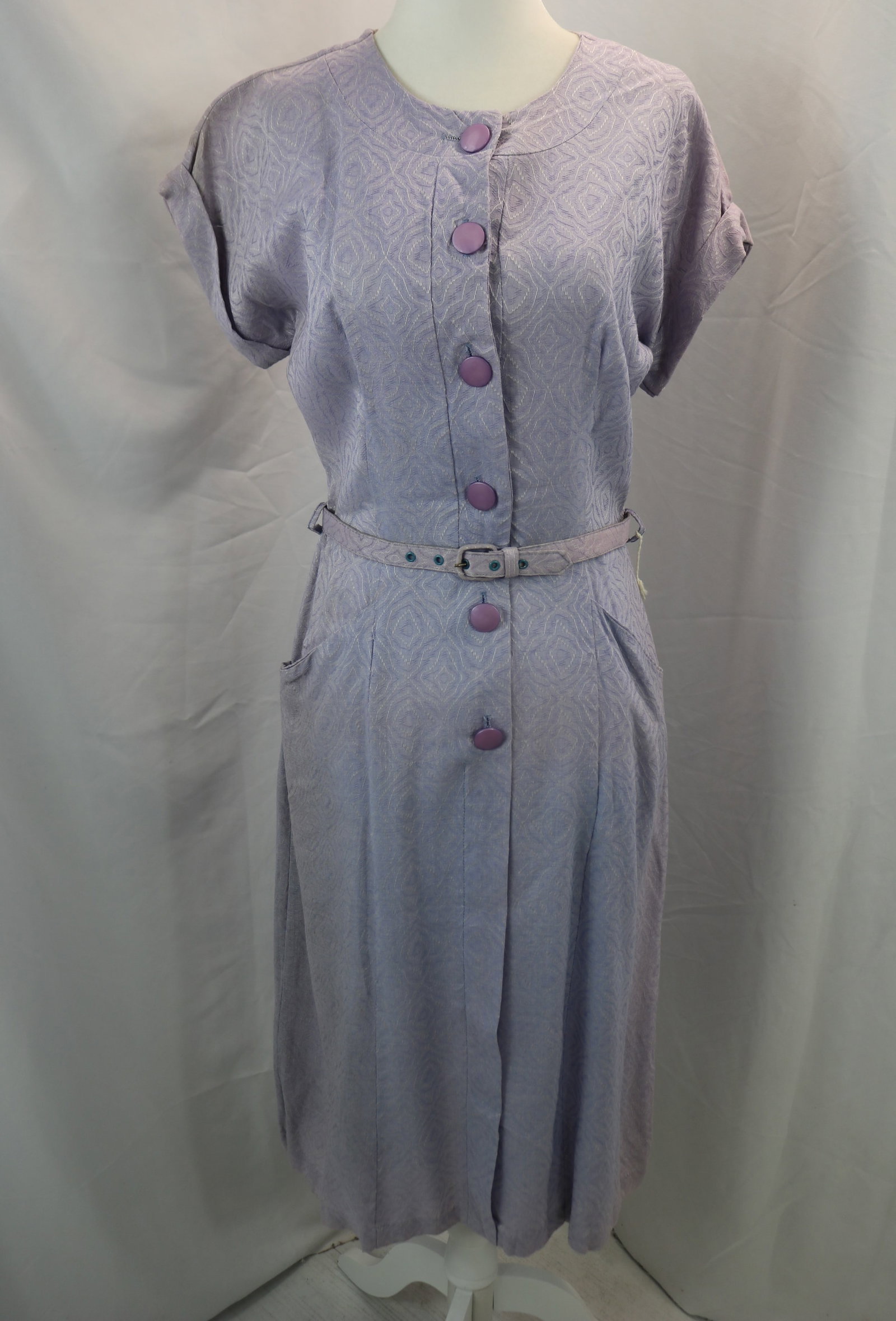 Vintage 1950's Purple Textured Rayon Sheath Dress with Matching Belt, Old Store Stock: approx. 38 bust, 30 waist, good condition, see photo's