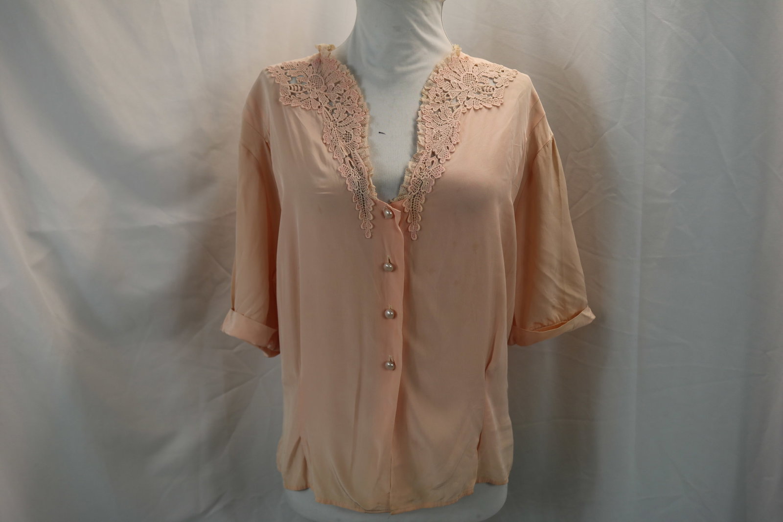 Vintage 1950's Pink Rayon/Silk Blouse with Lace: approx. 50 bust, discoloration on shoulders, see photo's