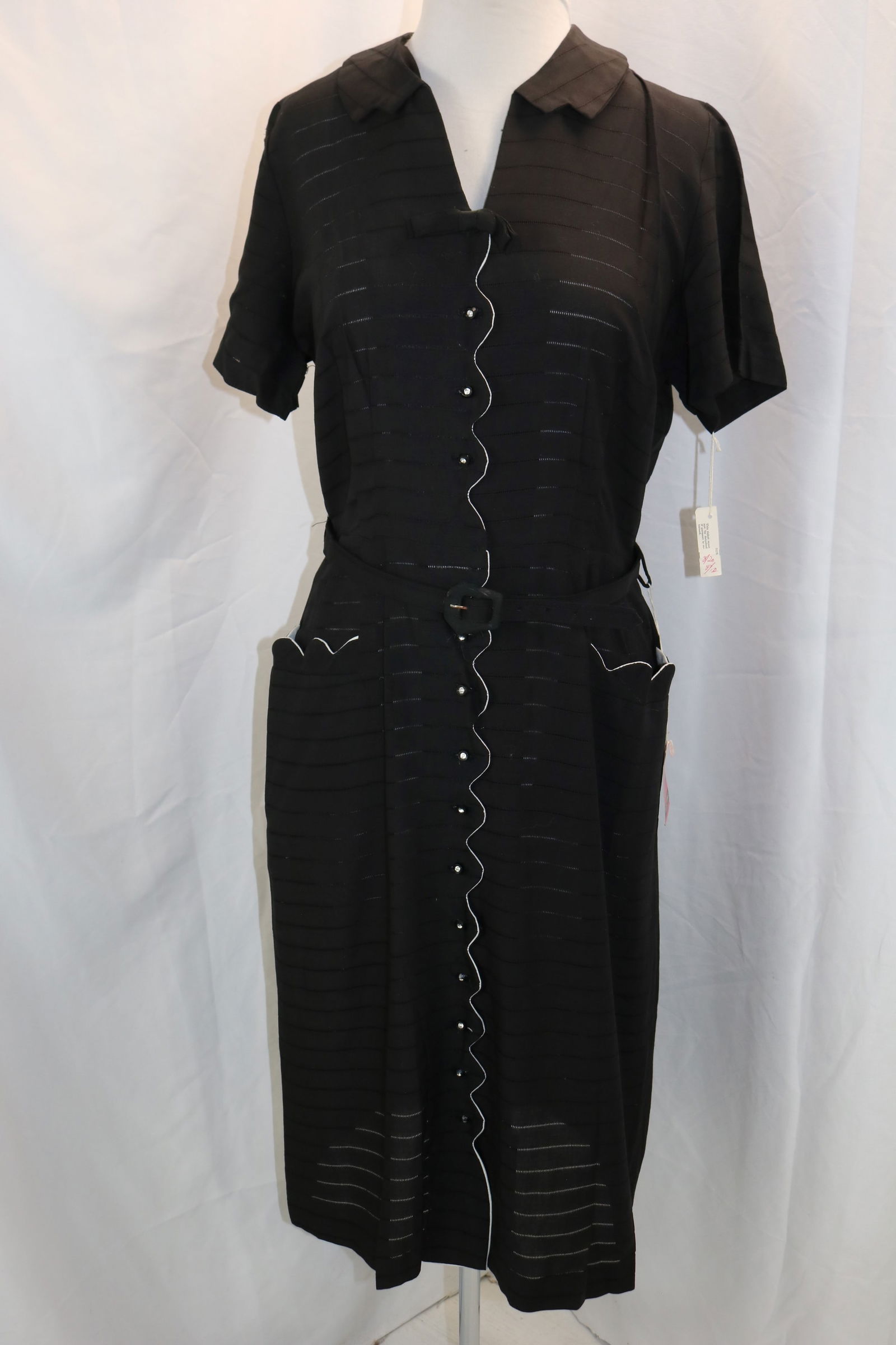 Vintage 1950's Black & White Cotton, Old Store Stock Button Front Dress & Matching Belt (1 of 9)