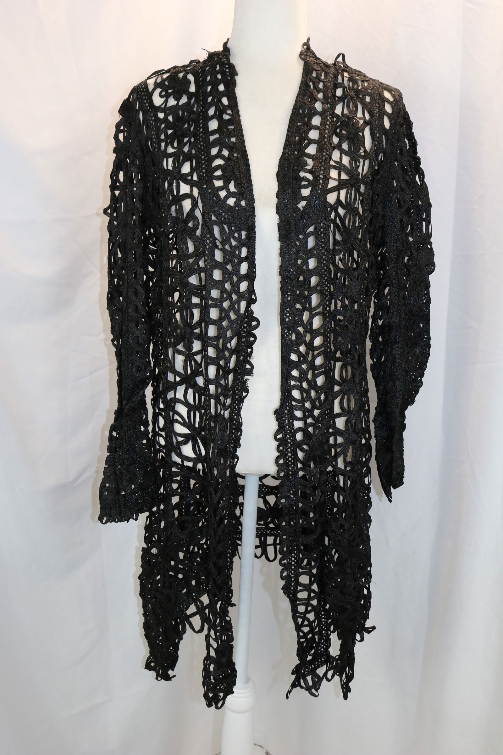 Vintage Black Woven Silk Braid Battenberg Lace Long Jacket with Open Front (1 of 5)