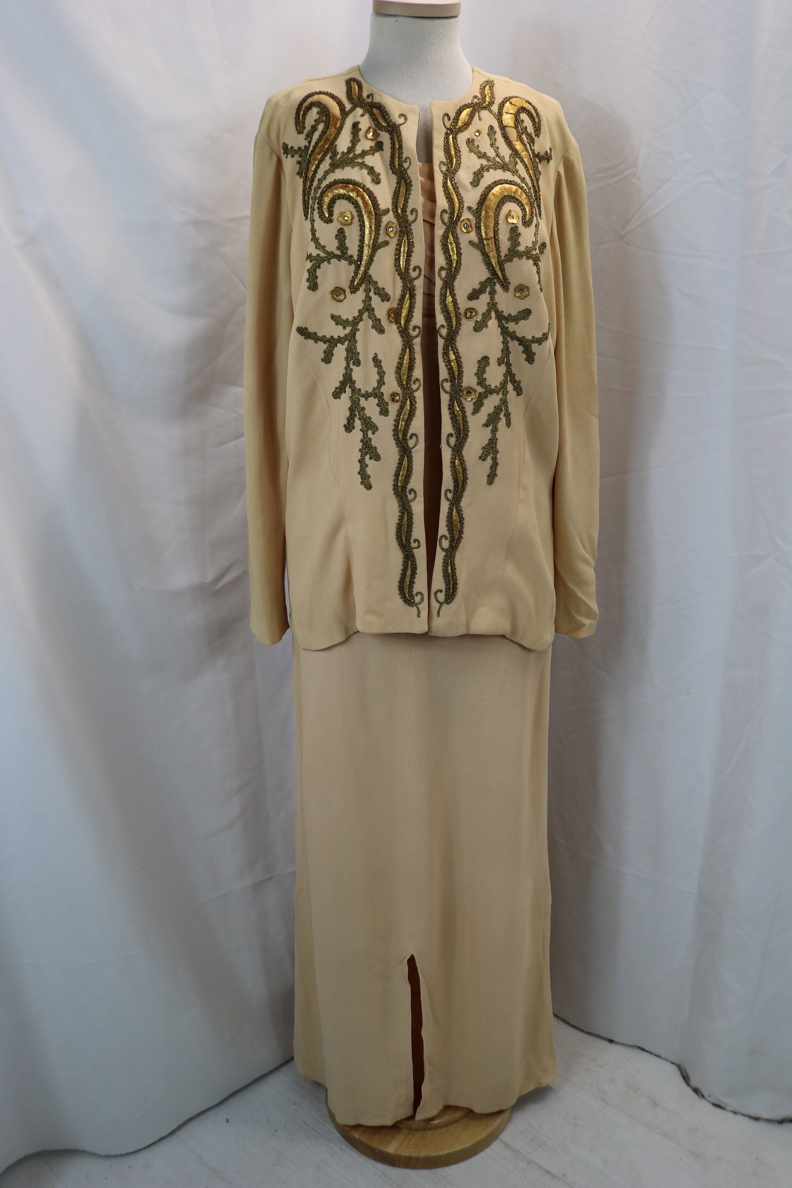 Vintage 1930's Blush Crepe Gown & Jacket with Gold Metallic Soutache Trapunto Applique (1 of 9)