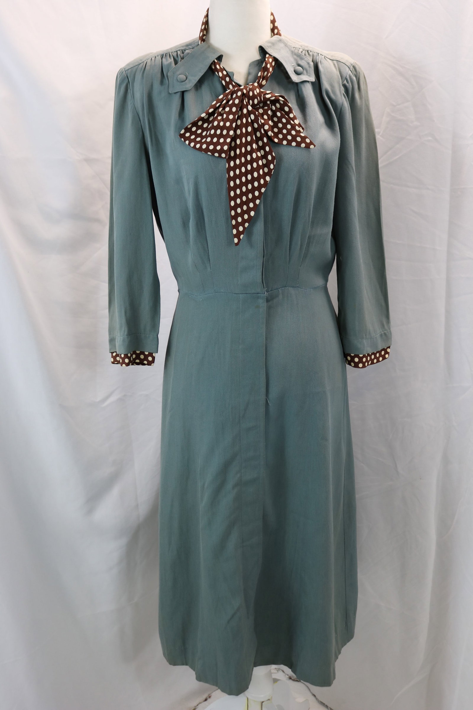 Vintage 1940's Georgiana Frocks Slate Blue Gabardine Dress with Brown Crepe Dot Neck Tie & Cuffs: approx. 38 bust, 28 waist, some fading, see photo's