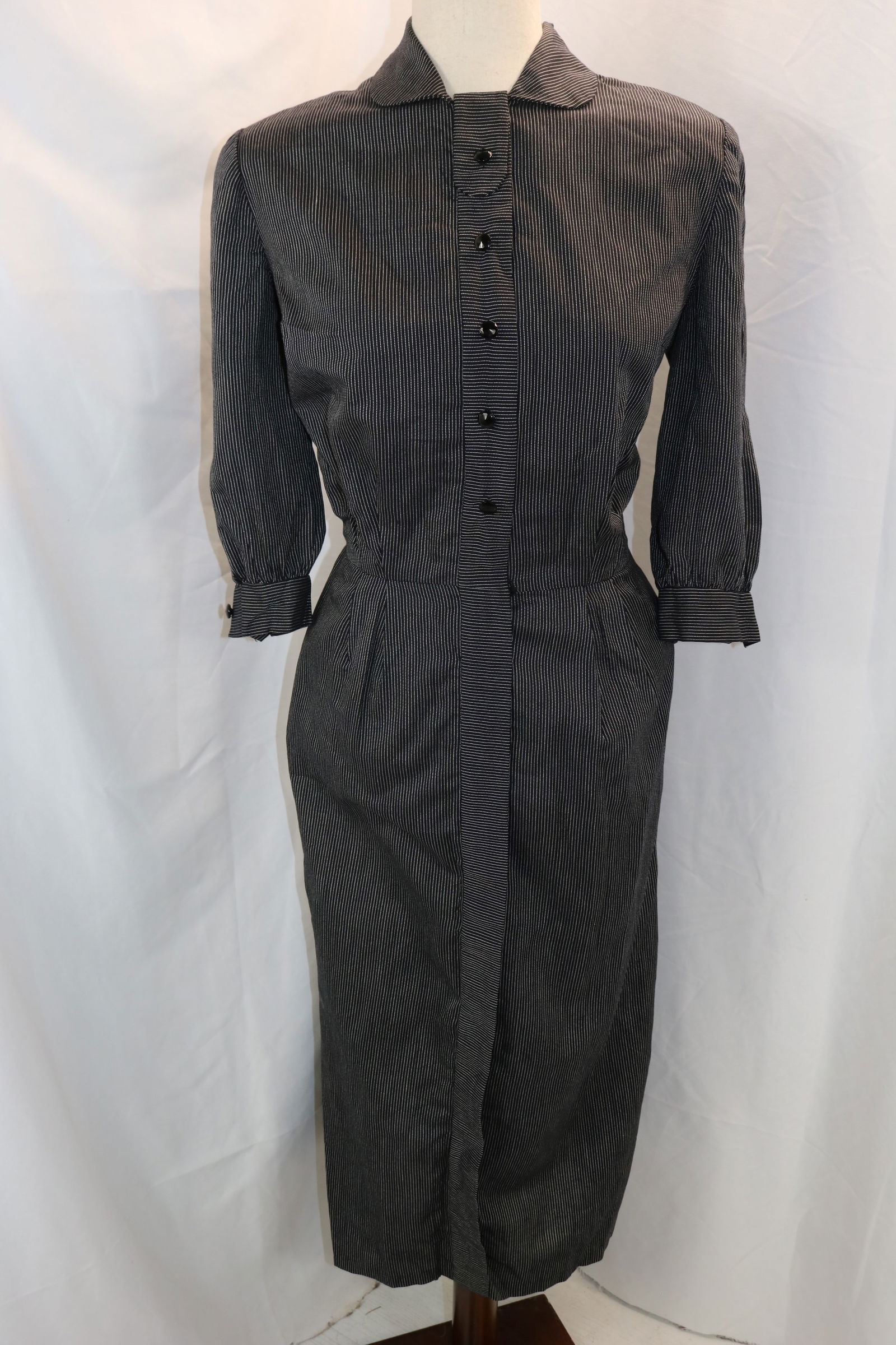 Vintage 1940's International Original Black Pinstripe Cotton Dress with 3/4 Sleeves (1 of 6)
