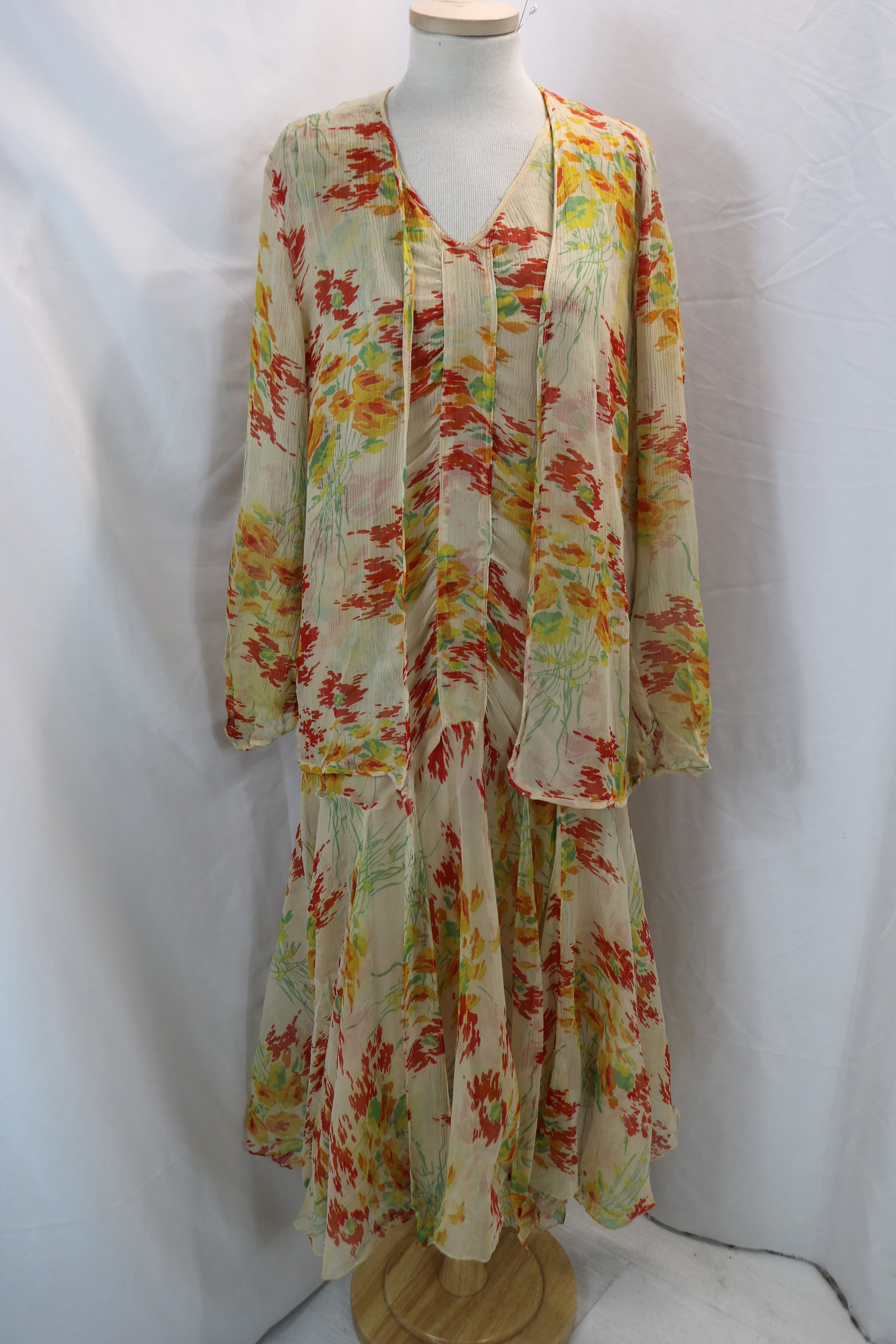 Vintage 1920's Silk Chiffon Watercolor Floral Print Gown & Jacket: approx. 38 bust & waist, some underarm yellowing, some silk fray to jacket, seam repair needed, see photo's