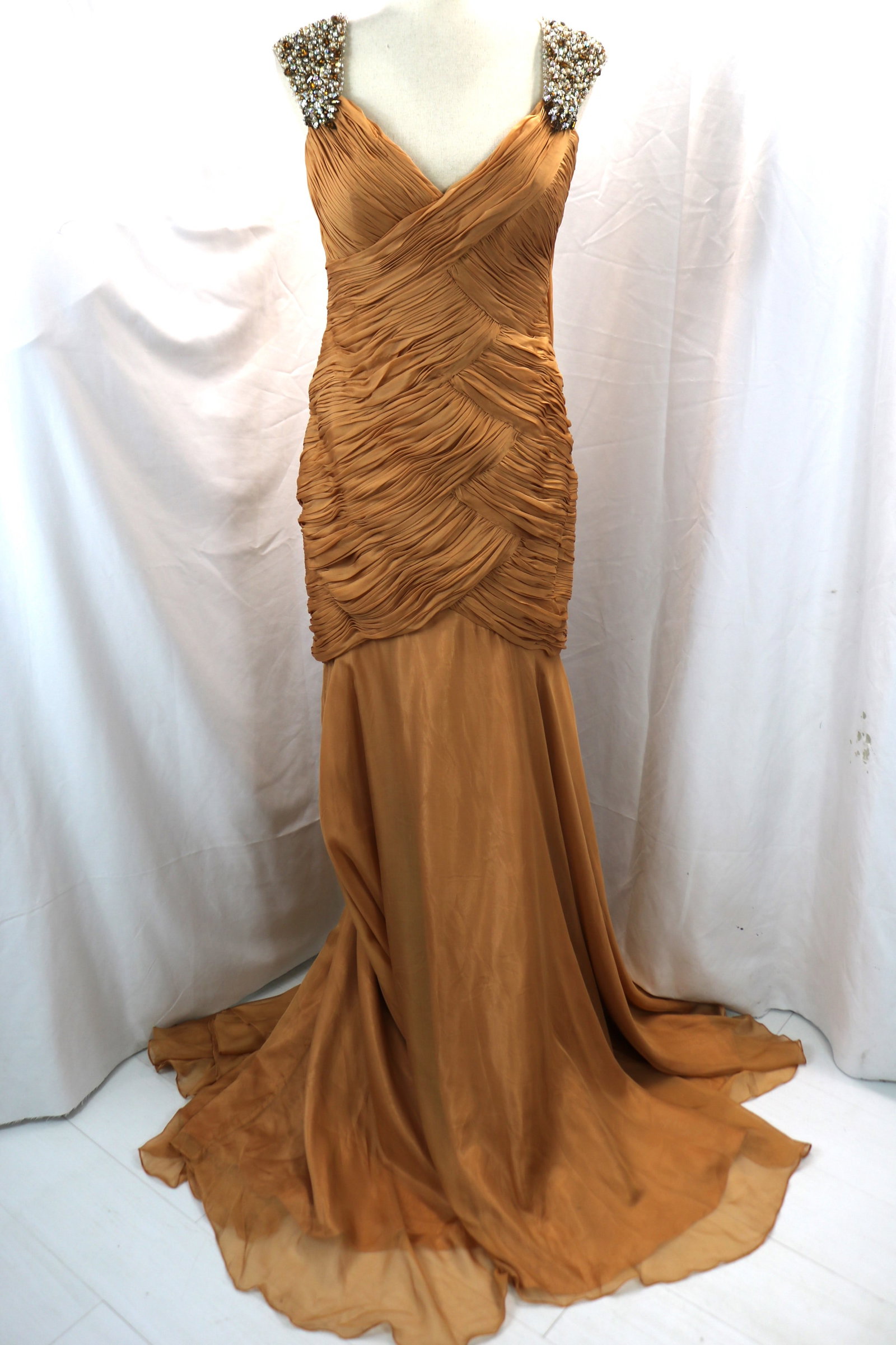 Vintage Mac Duggal Gold Silk Chiffon & Beaded Gown: approx. 38 bust, 28 waist, some minor pulls at hem, silk fray at underarm, see photo's